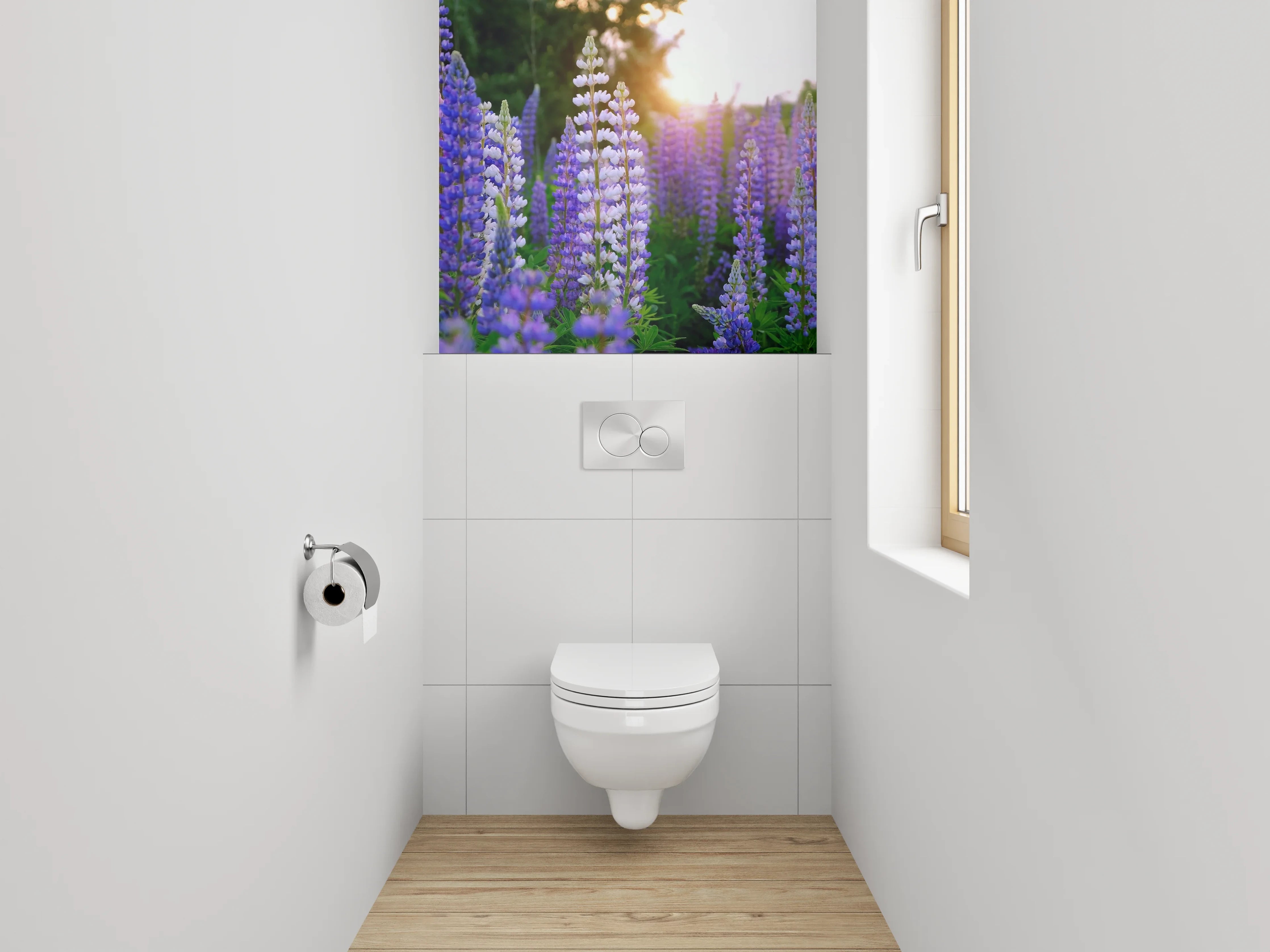 WC-Rückwand - Lupinenfeld im Sonnenuntergang