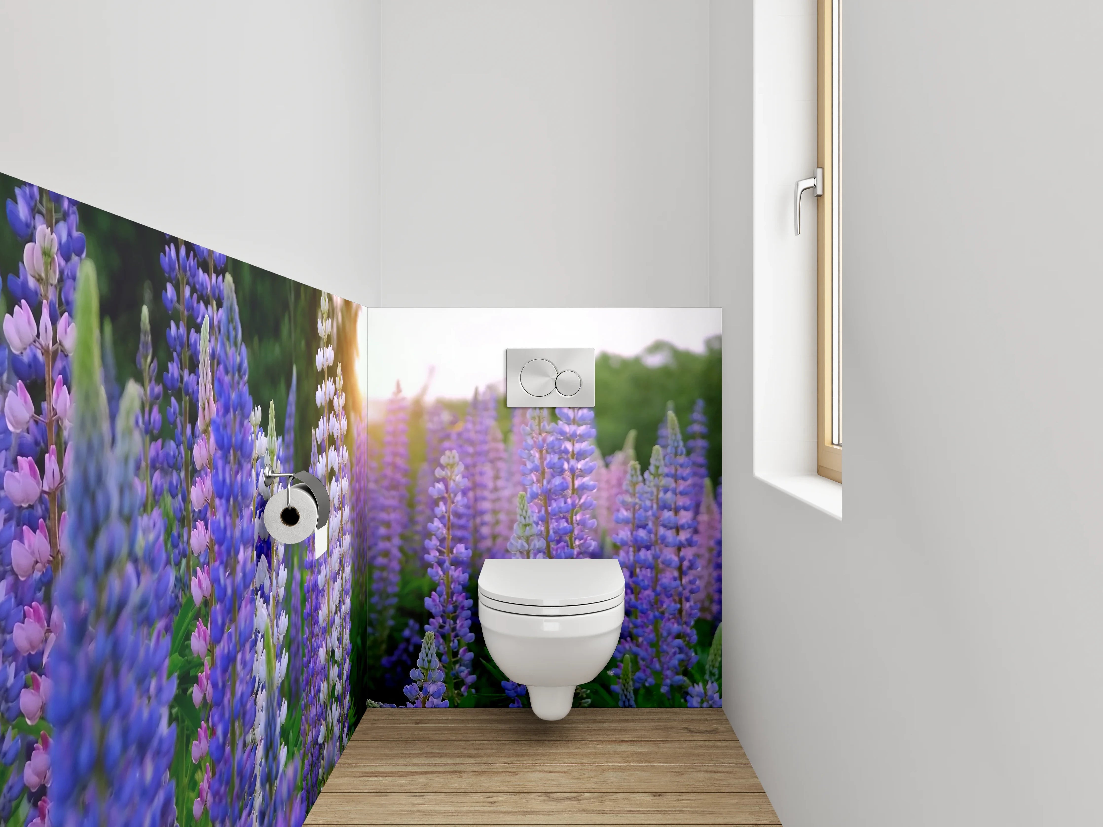 WC-Rückwand - Lupinenfeld im Sonnenuntergang