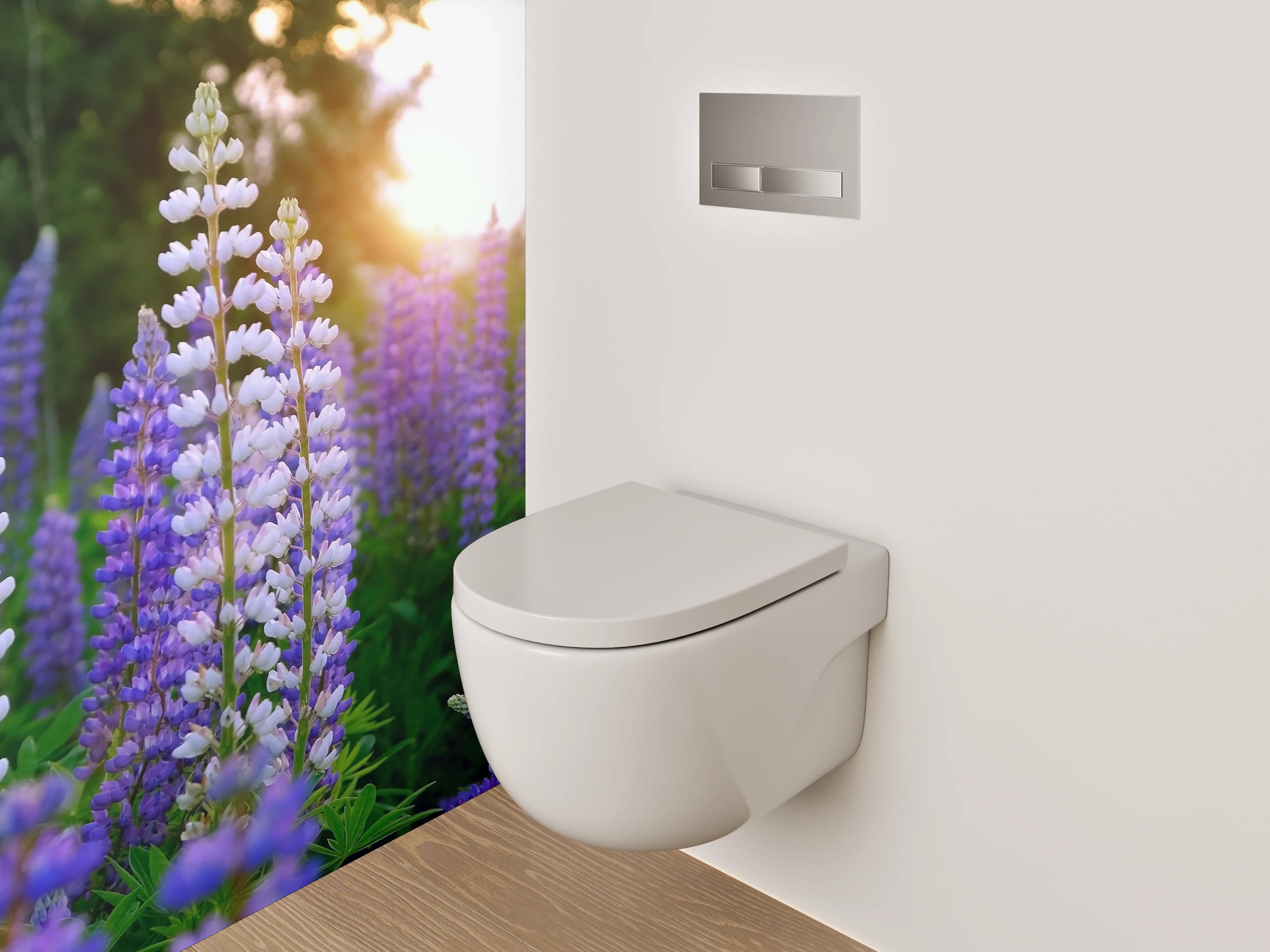 WC-Rückwand - Lupinenfeld im Sonnenuntergang