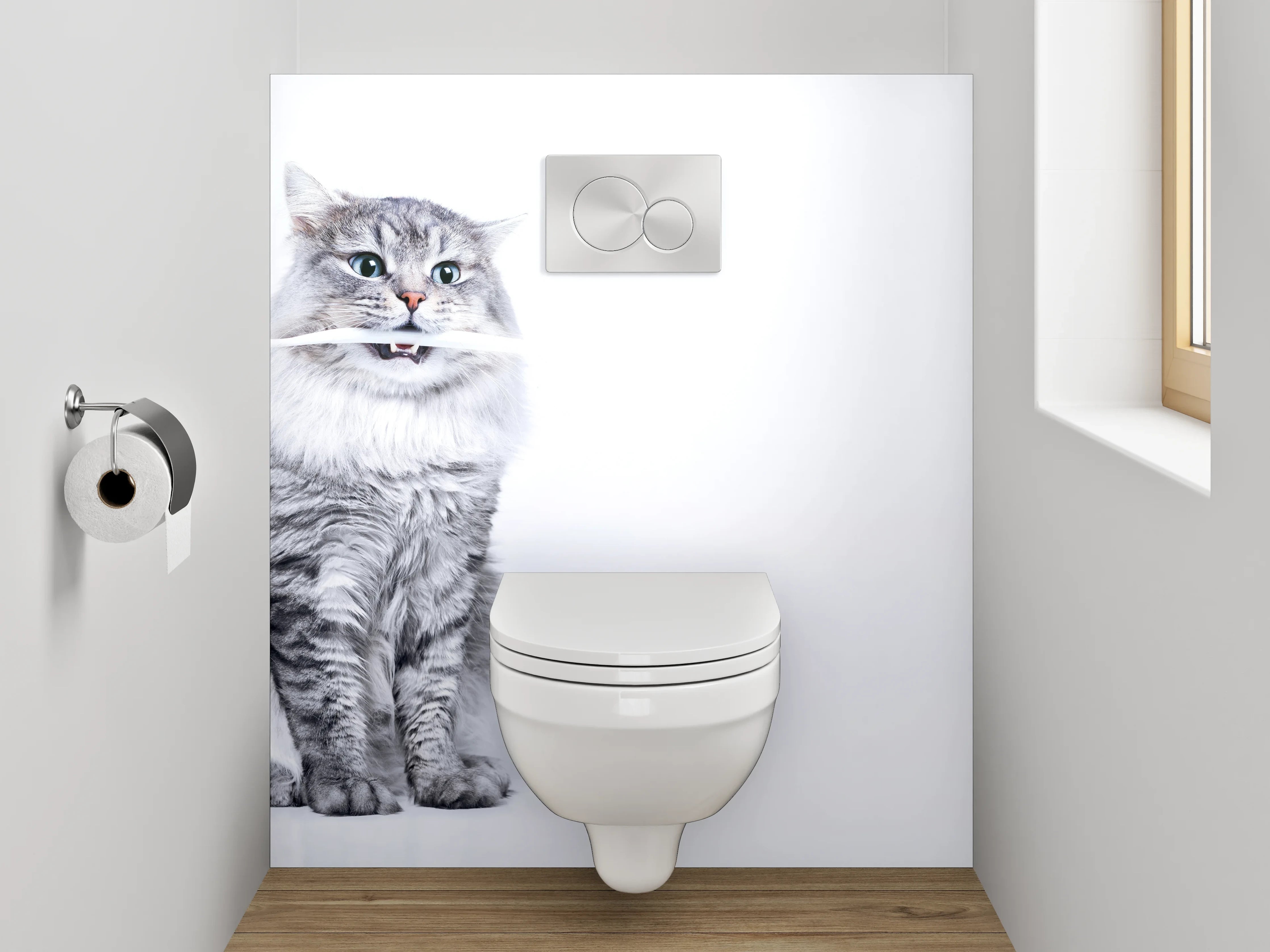 WC-Rückwand - Lustige Katze mit Zahnbürste Weiß-Grau