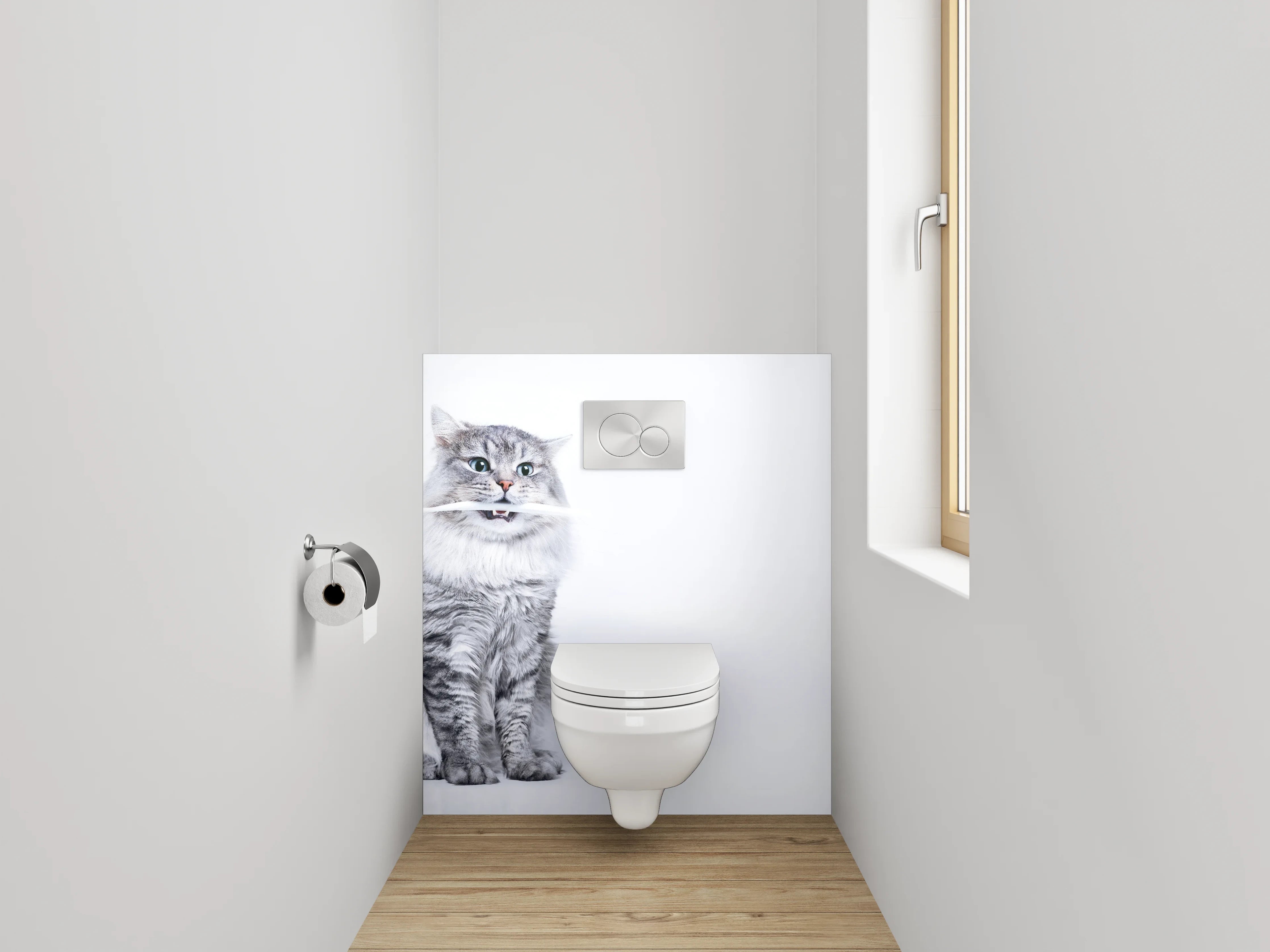 WC-Rückwand - Lustige Katze mit Zahnbürste Weiß-Grau