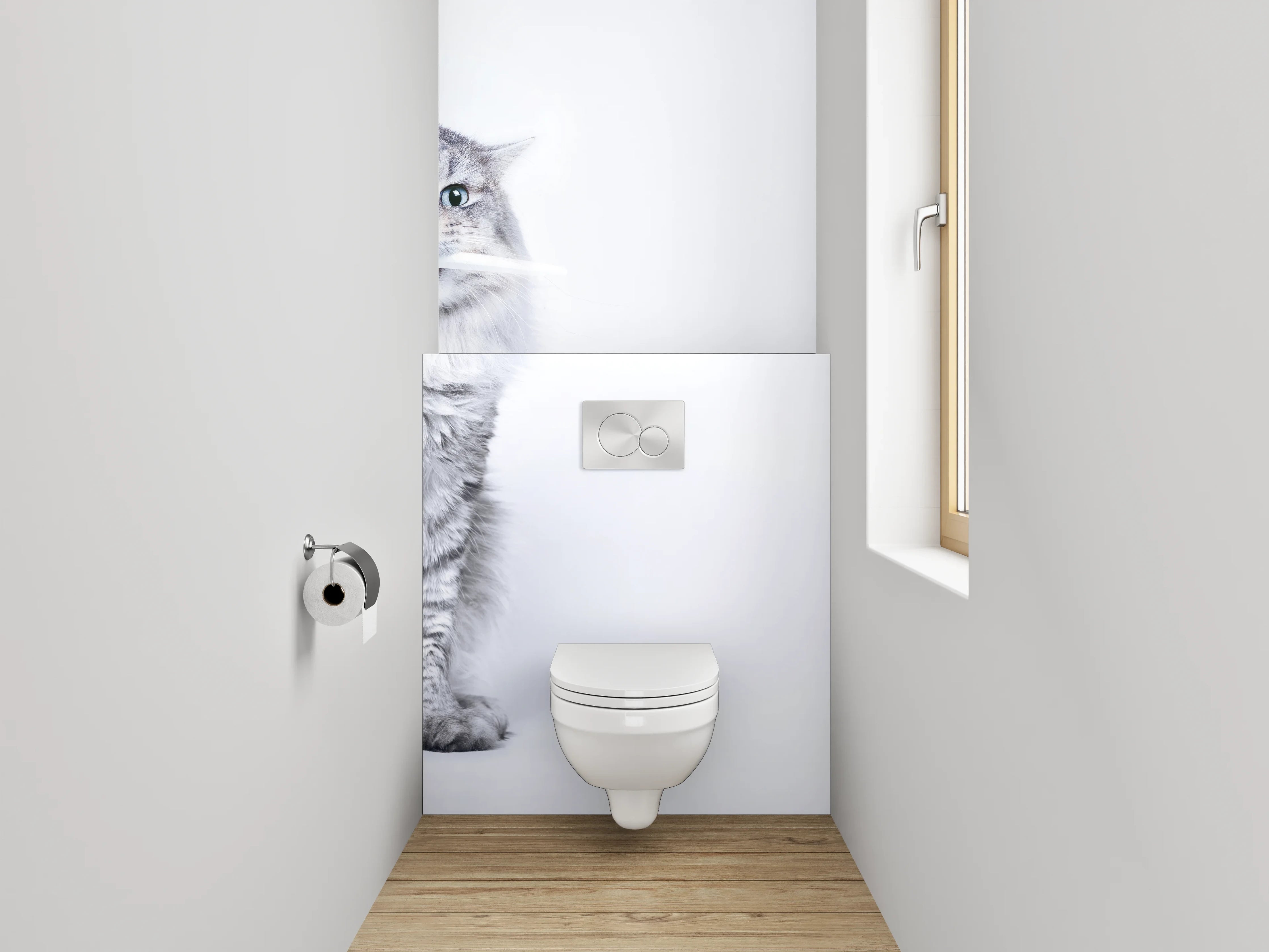WC-Rückwand - Lustige Katze mit Zahnbürste Weiß-Grau
