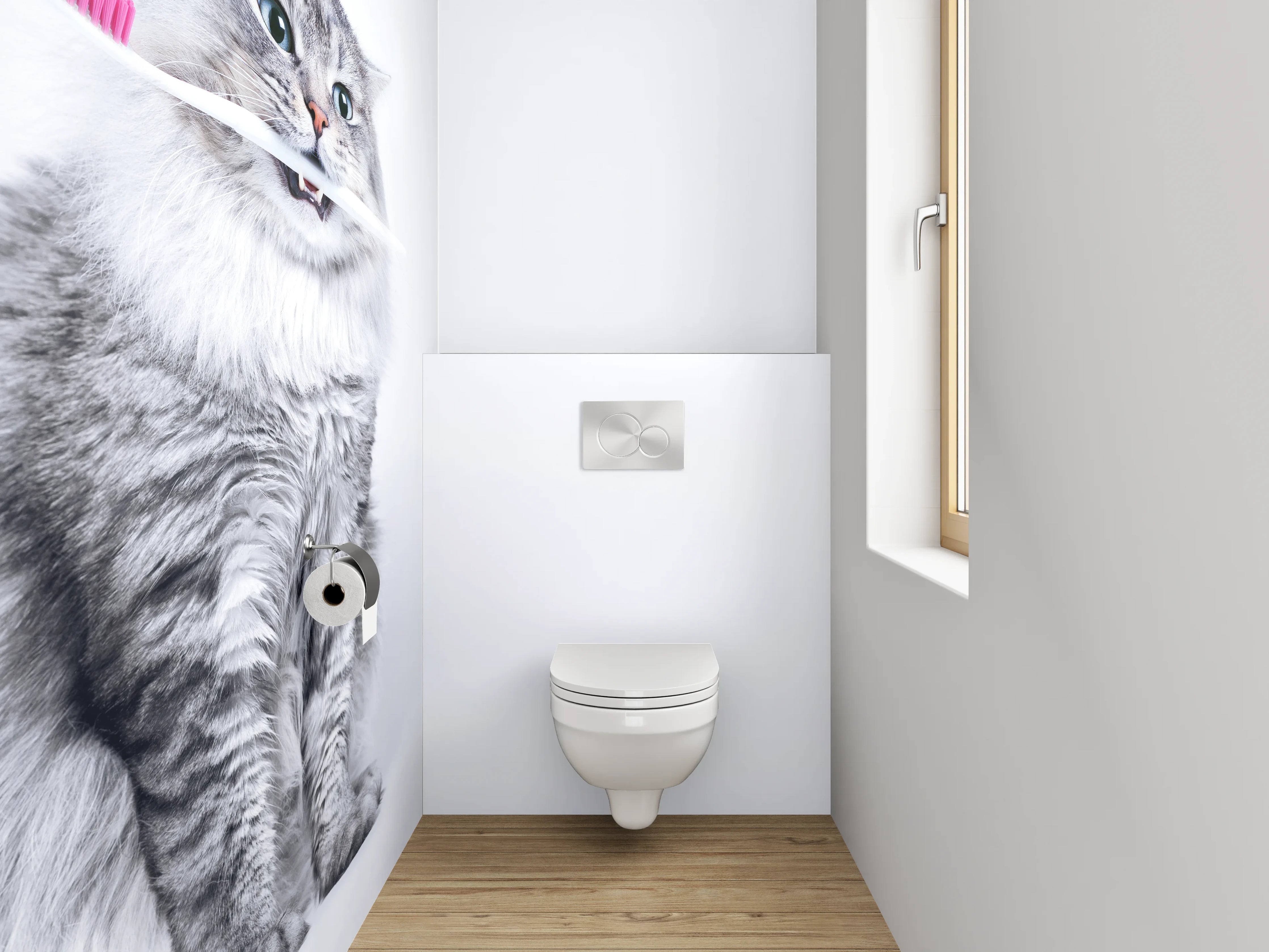 WC-Rückwand - Lustige Katze mit Zahnbürste Weiß-Grau