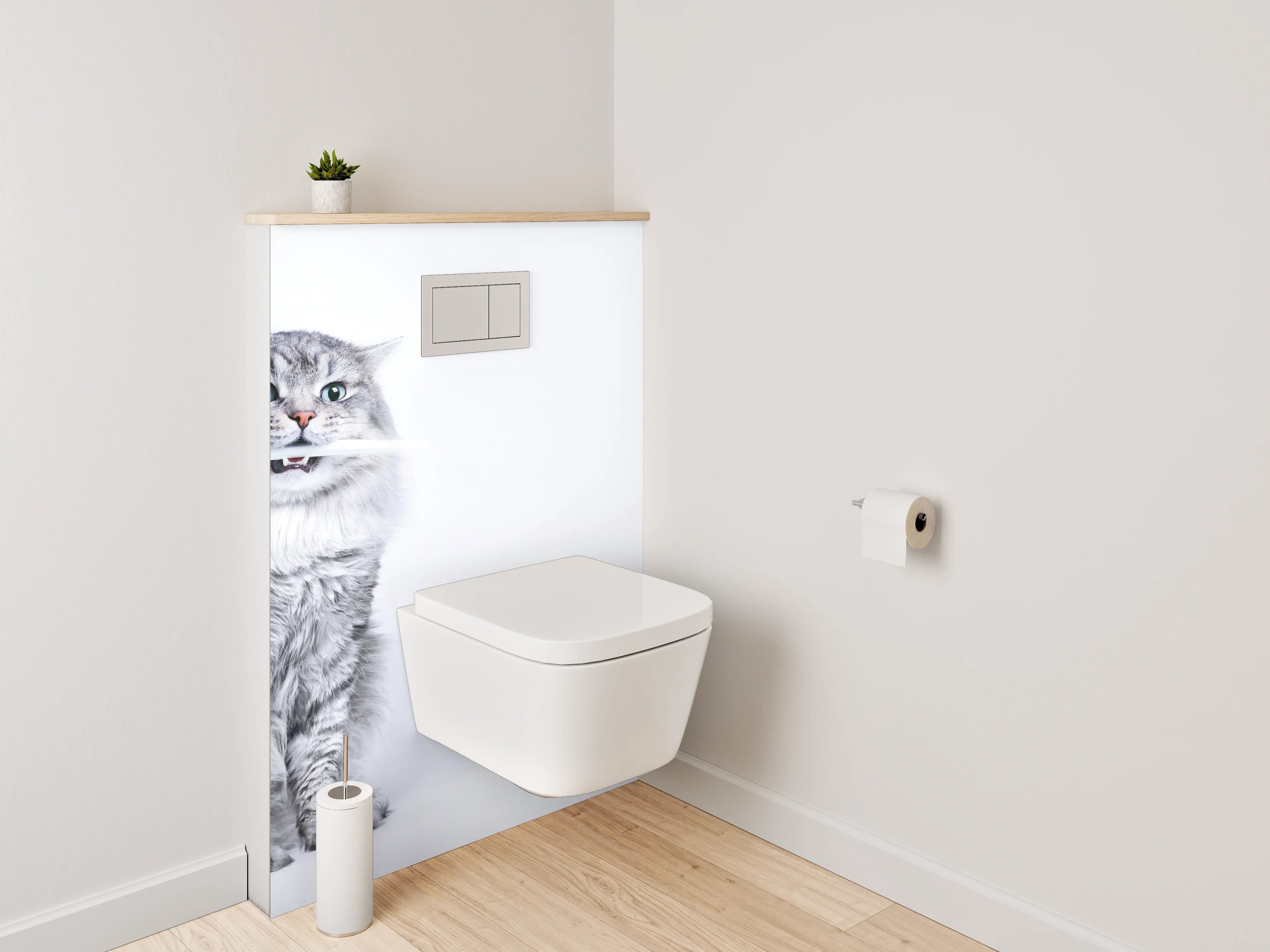 WC-Rückwand - Lustige Katze mit Zahnbürste Weiß-Grau