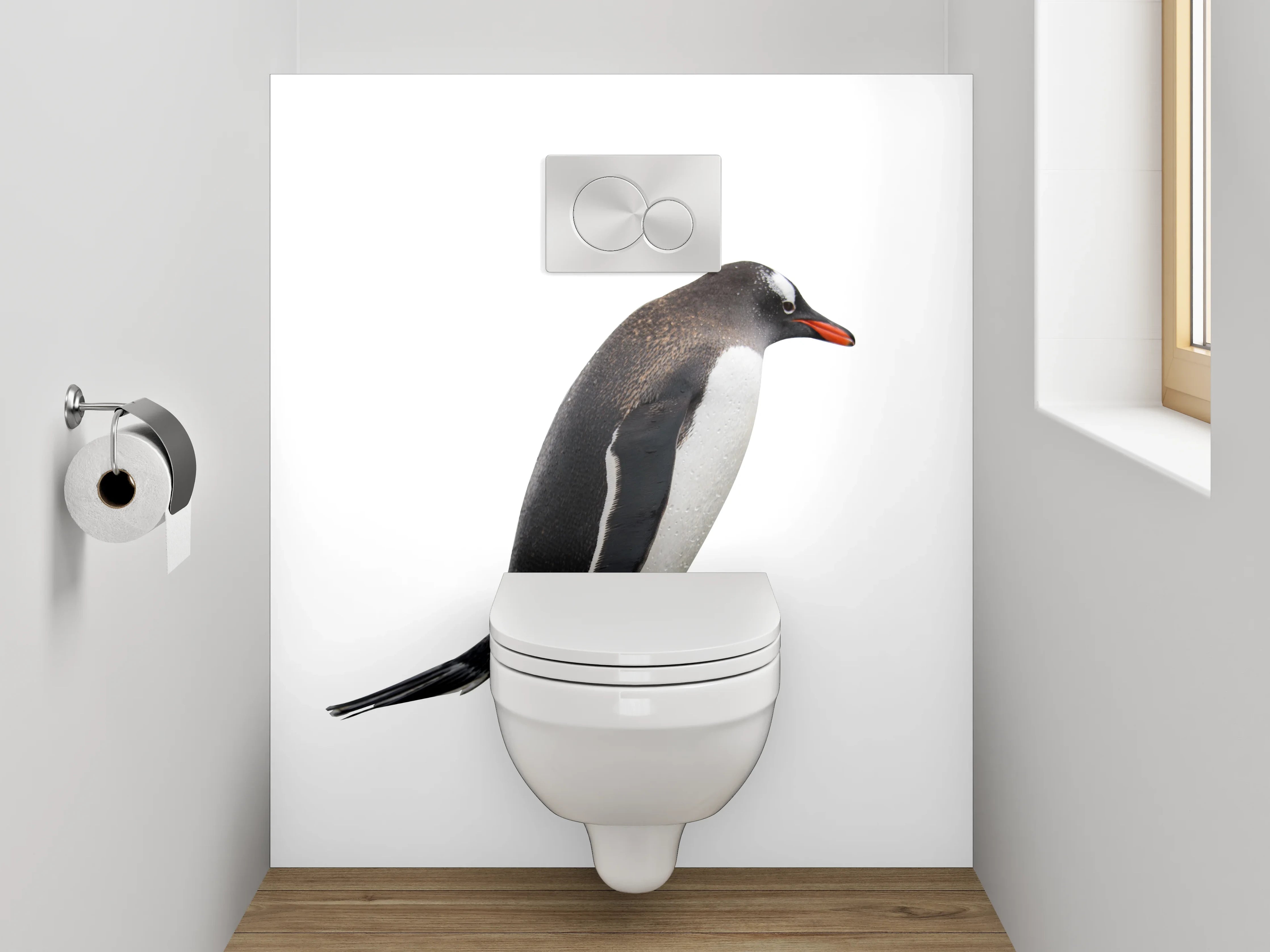 WC-Rückwand - Lustige Pinguinparade auf Weiß