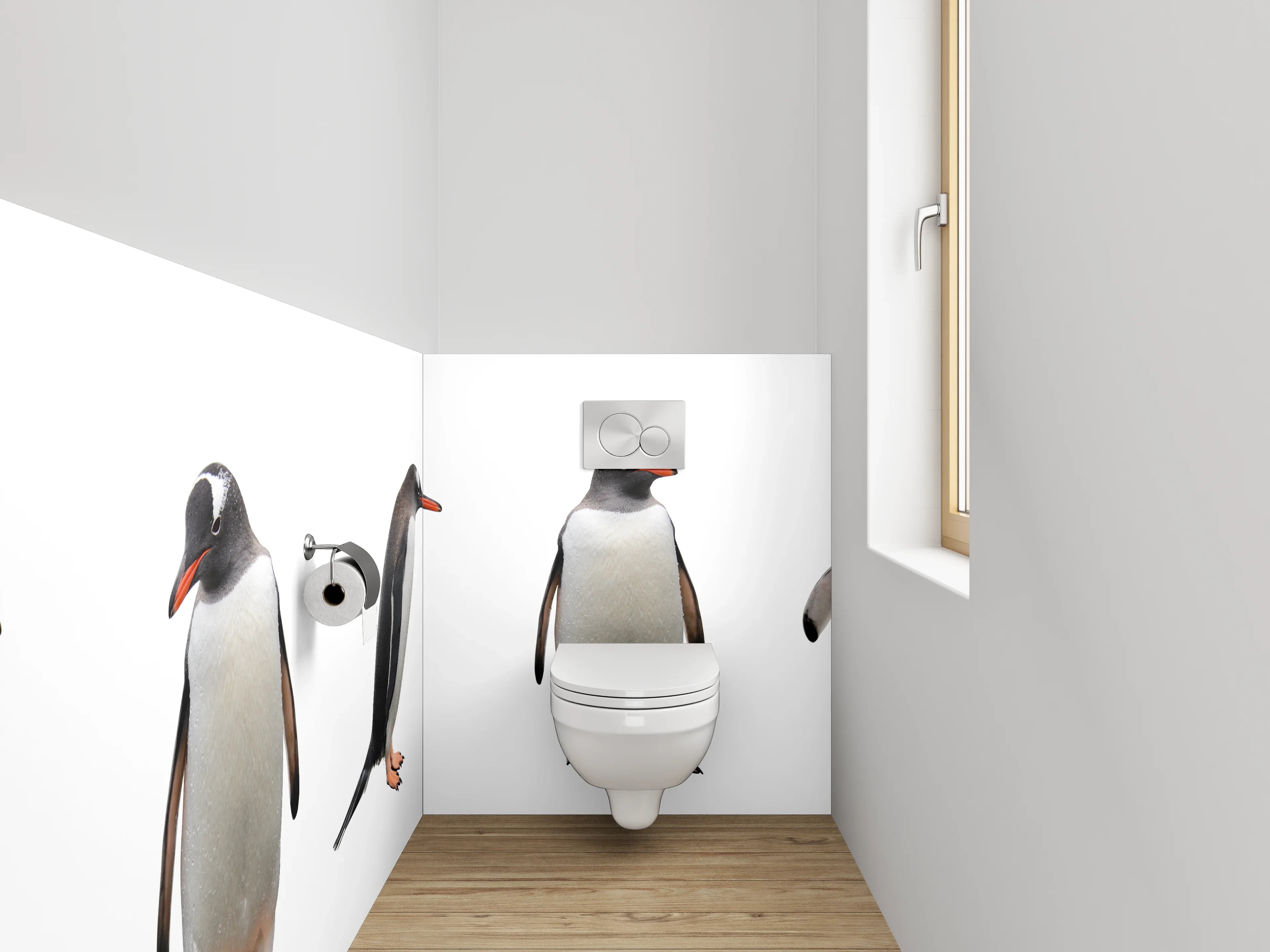 WC-Rückwand - Lustige Pinguinparade auf Weiß