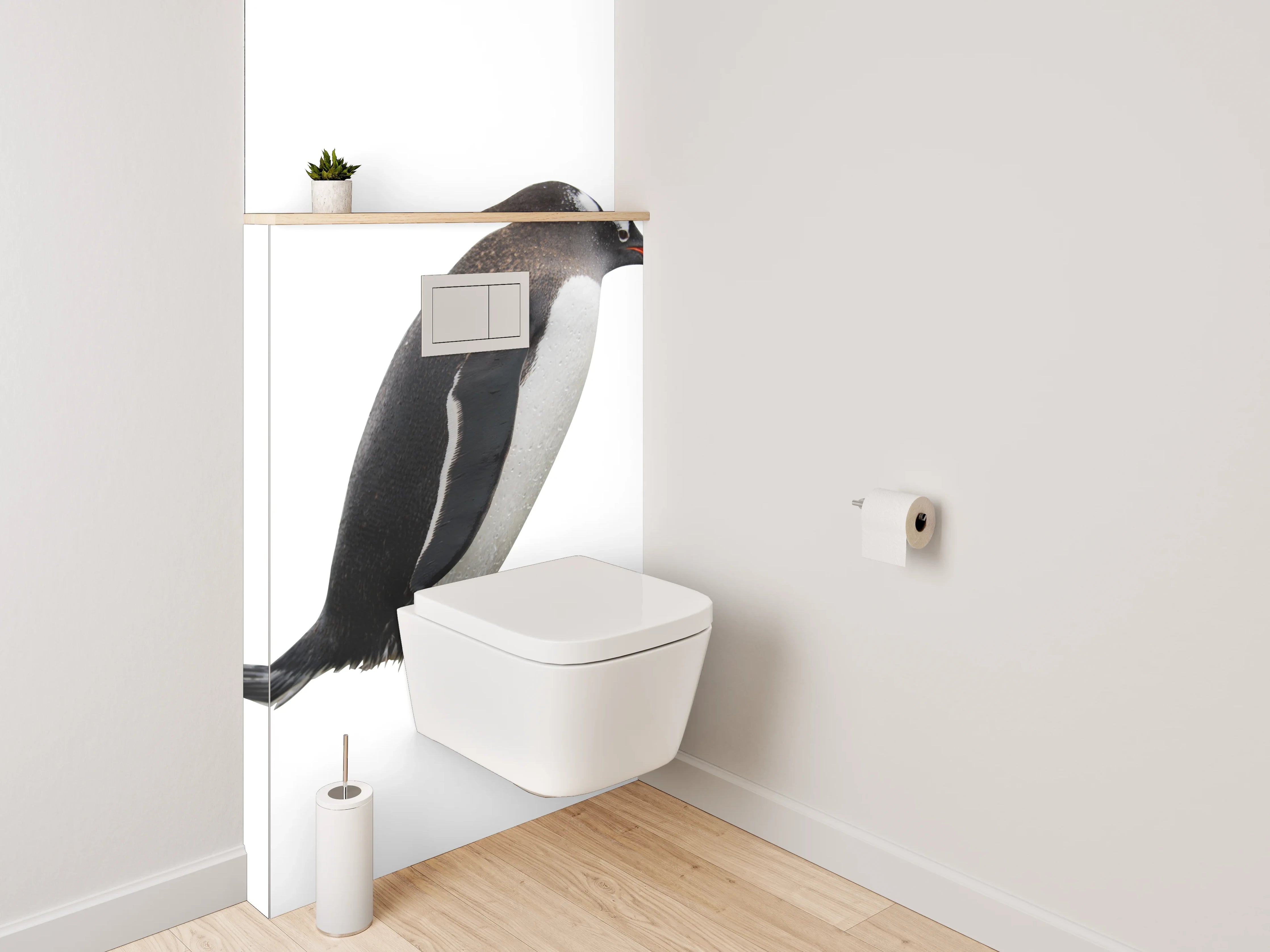 WC-Rückwand - Lustige Pinguinparade auf Weiß