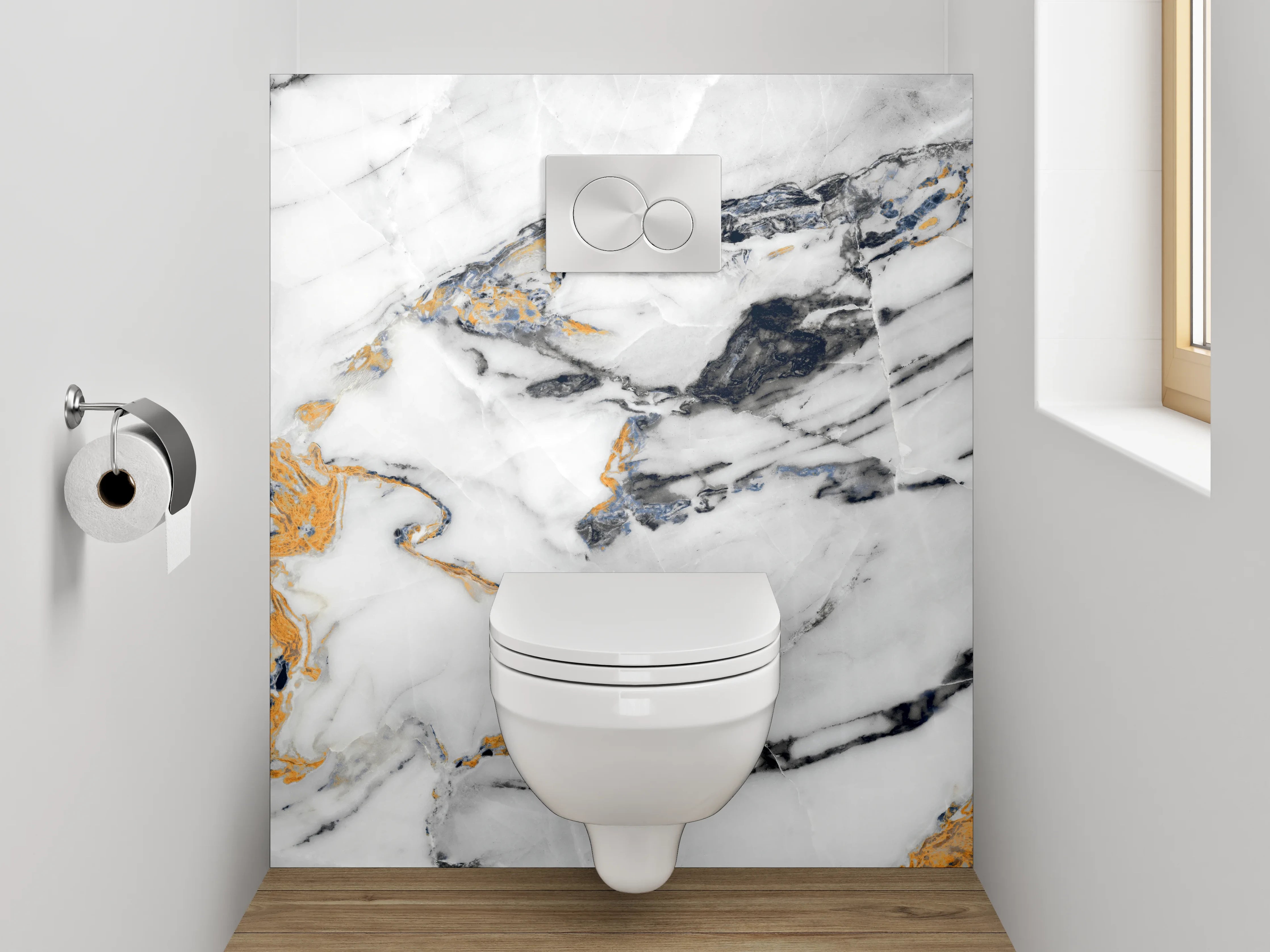 WC-Rückwand - Luxuriöser Weiß-Gold-Marmor mit schwarzen Adern