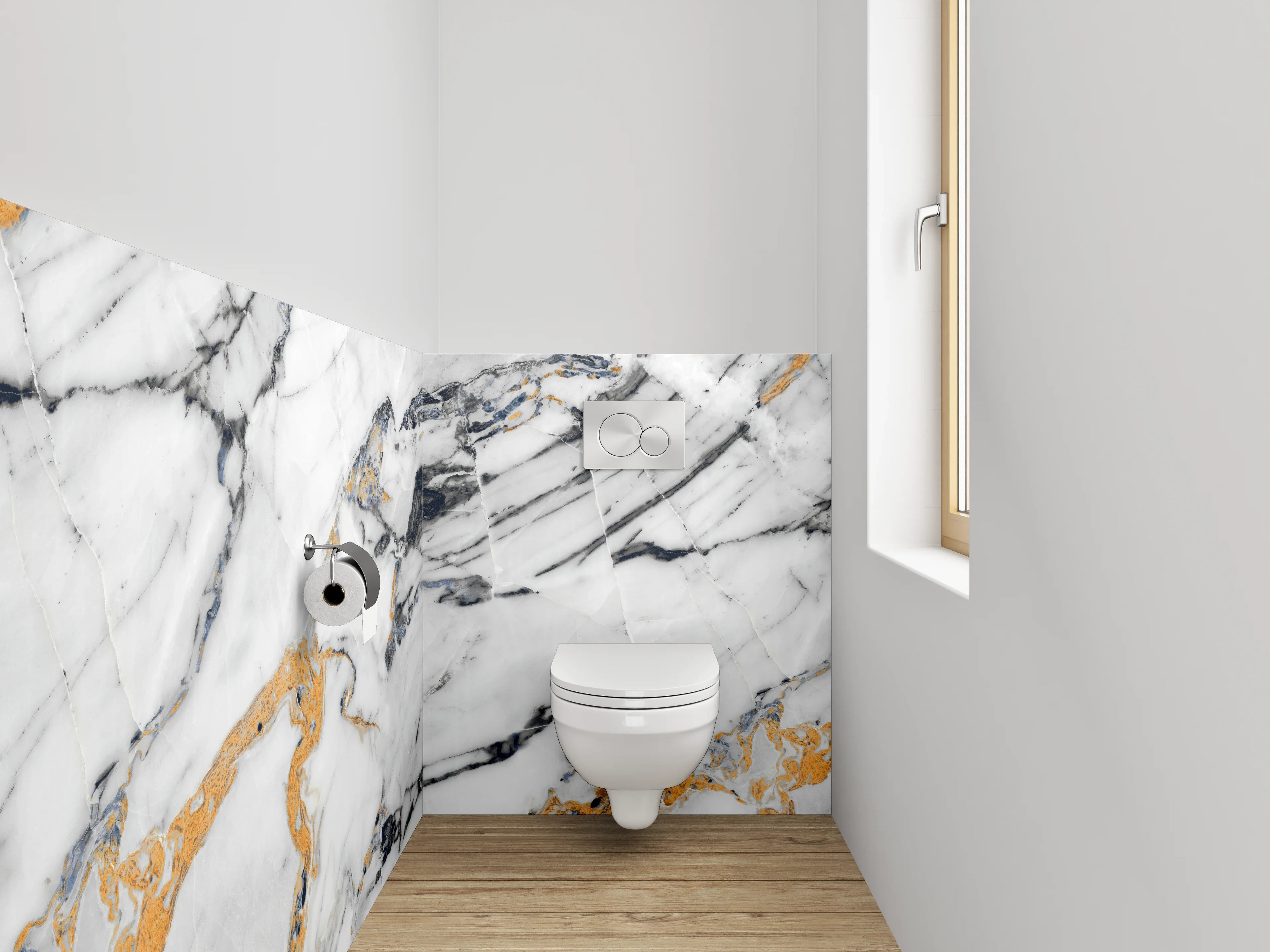 WC-Rückwand - Luxuriöser Weiß-Gold-Marmor mit schwarzen Adern