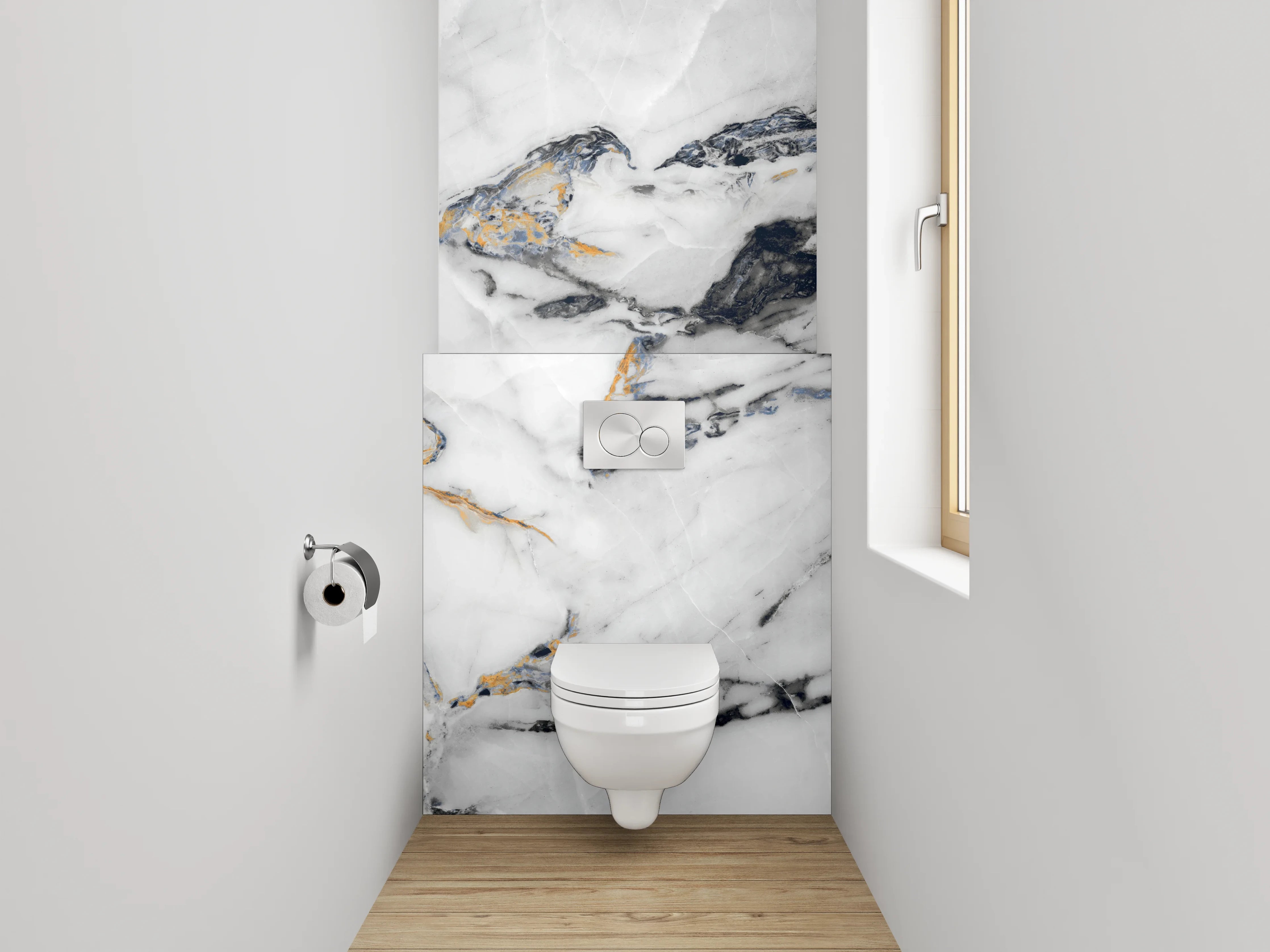 WC-Rückwand - Luxuriöser Weiß-Gold-Marmor mit schwarzen Adern