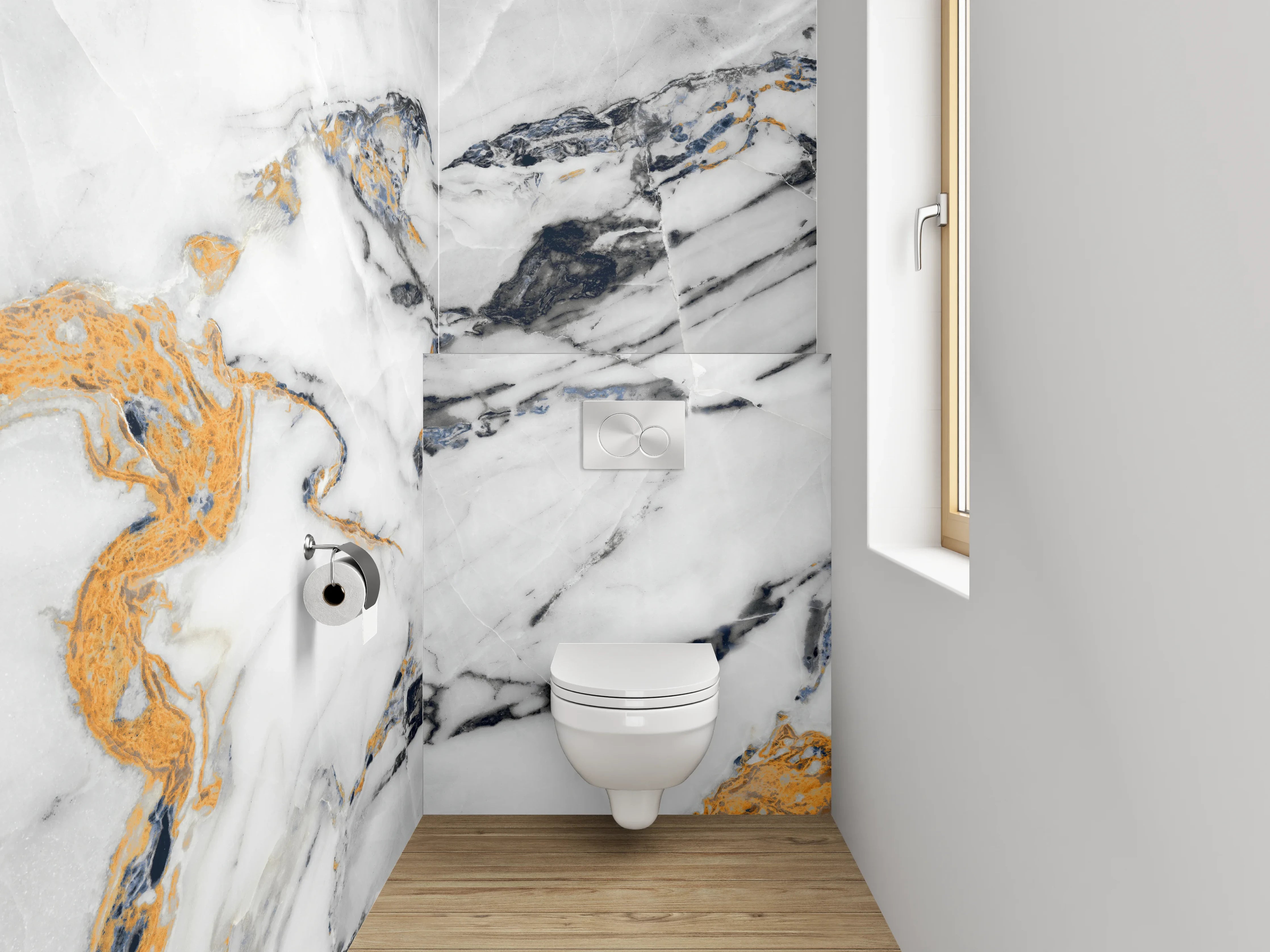 WC-Rückwand - Luxuriöser Weiß-Gold-Marmor mit schwarzen Adern