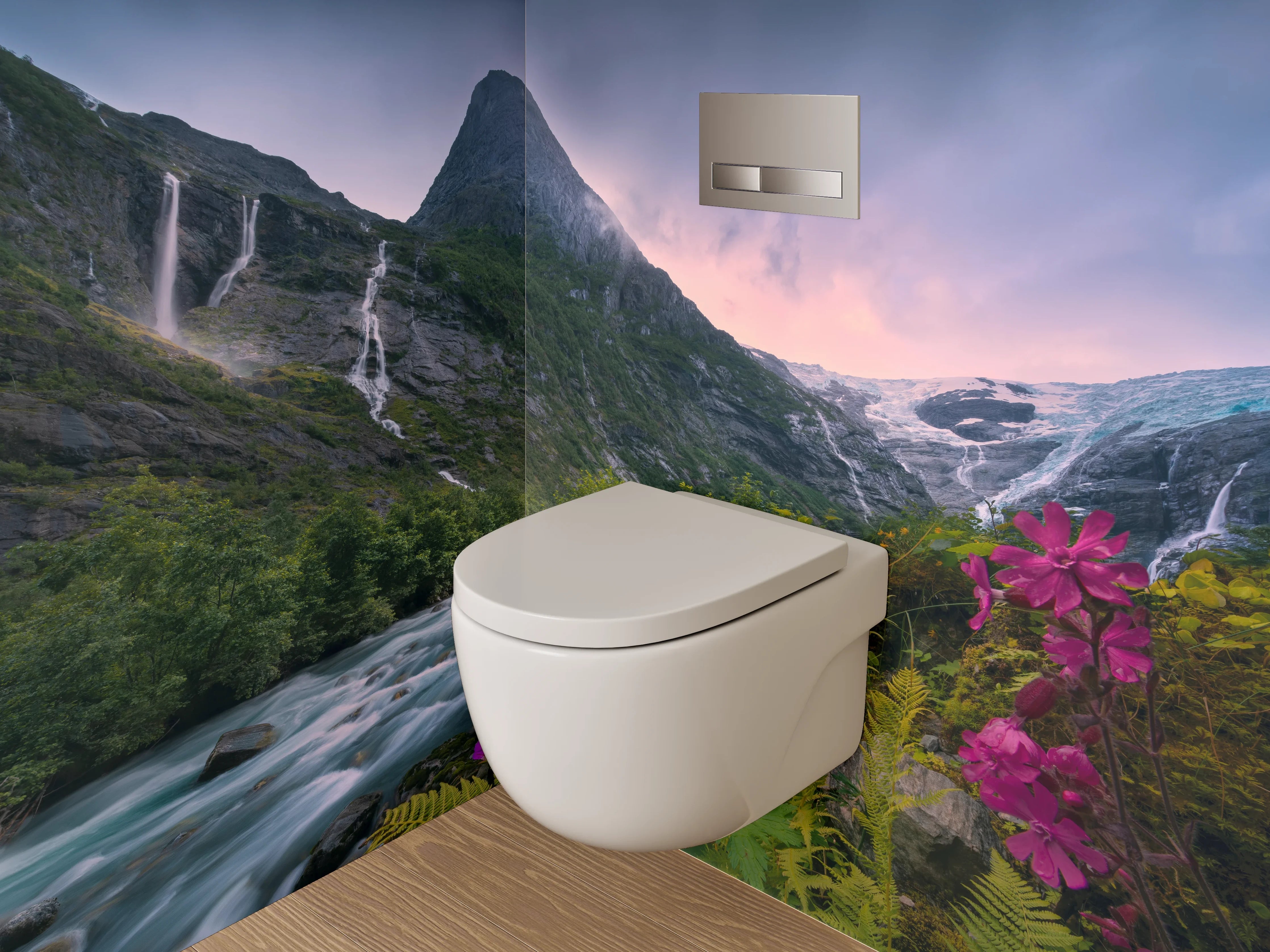 WC-Rückwand - Magische Berglandschaft mit Wasserfall