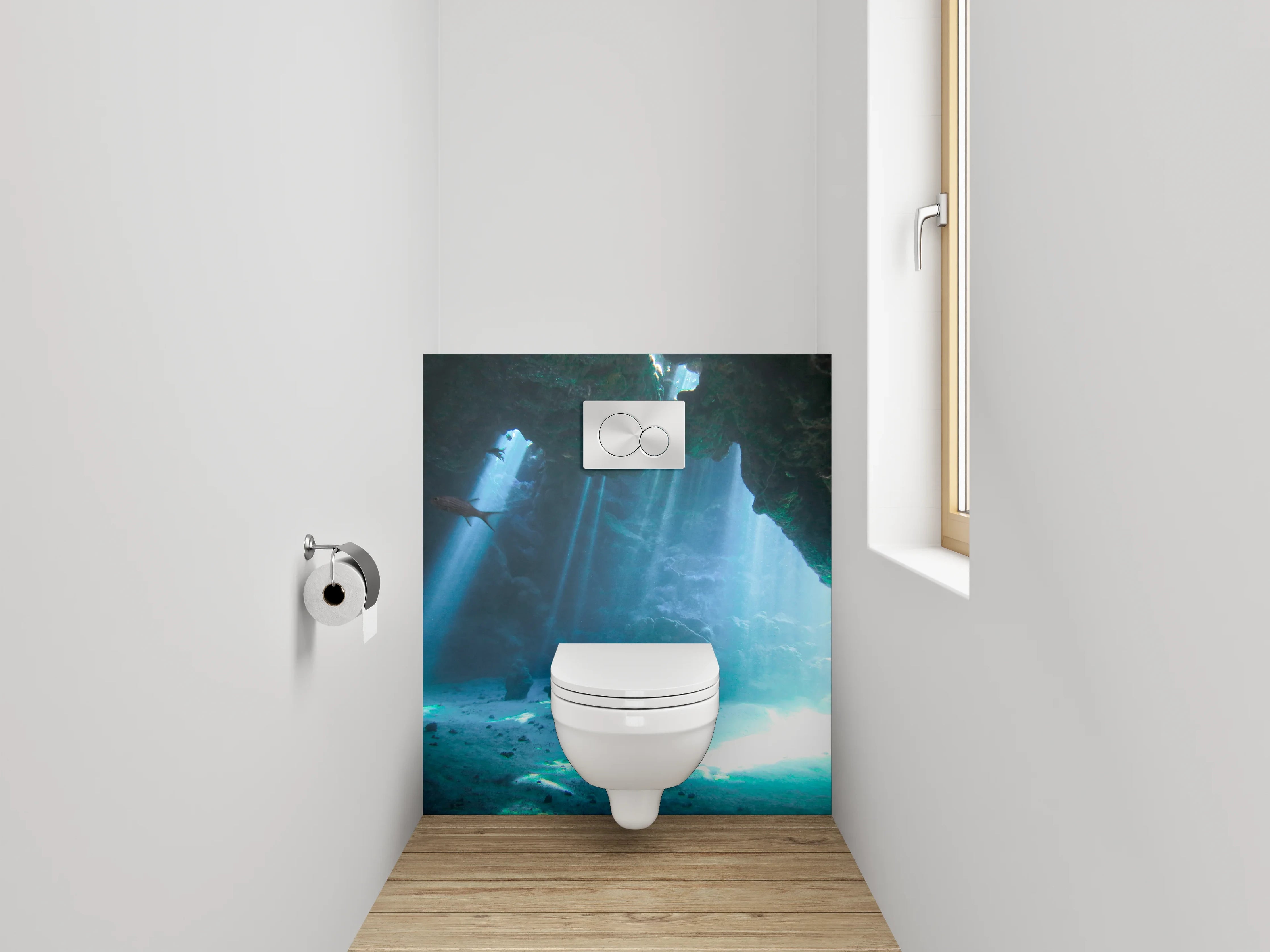 WC-Rückwand - Magische Unterwasserhöhle mit Lichtstrahlen