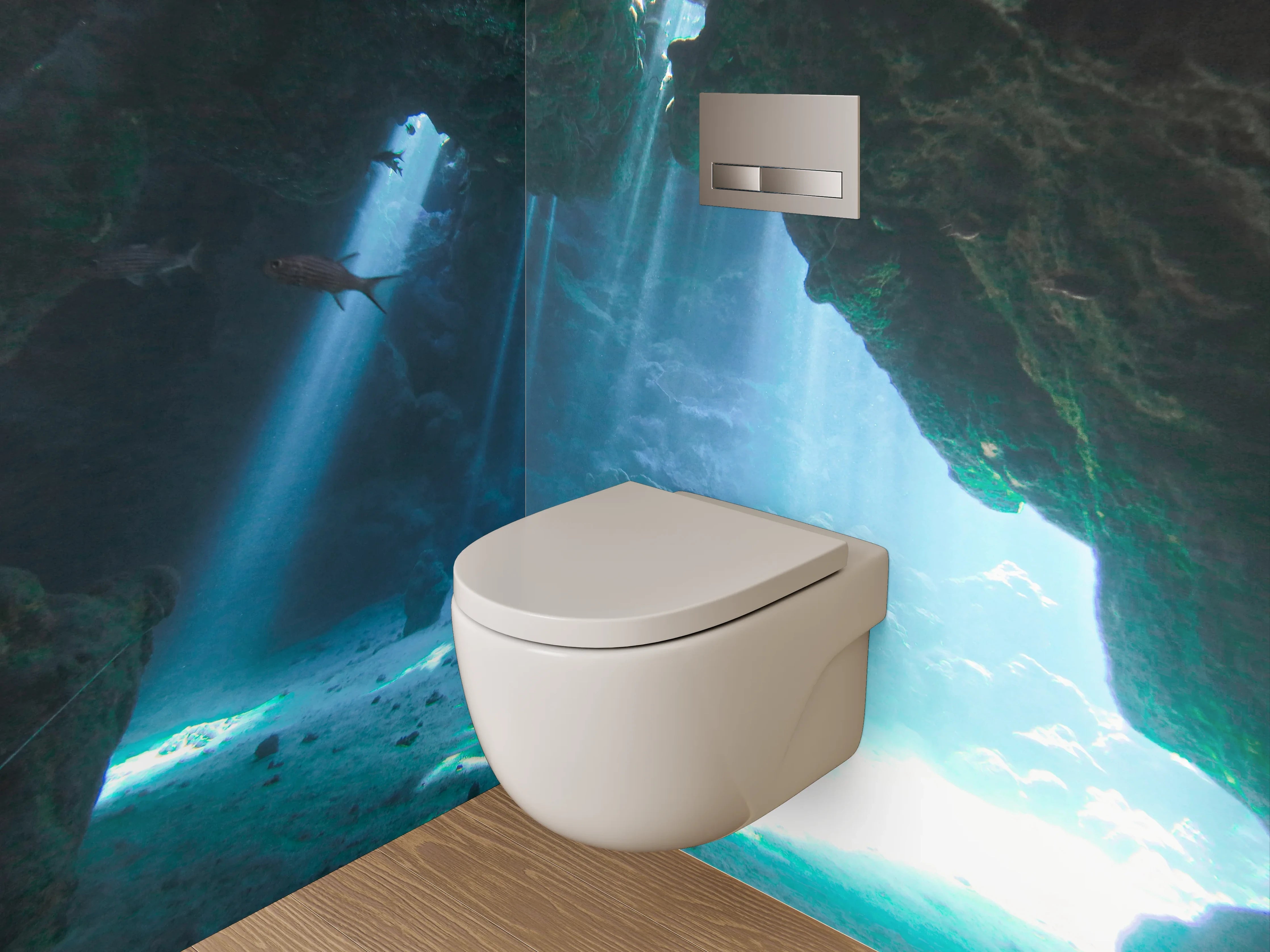 WC-Rückwand - Magische Unterwasserhöhle mit Lichtstrahlen