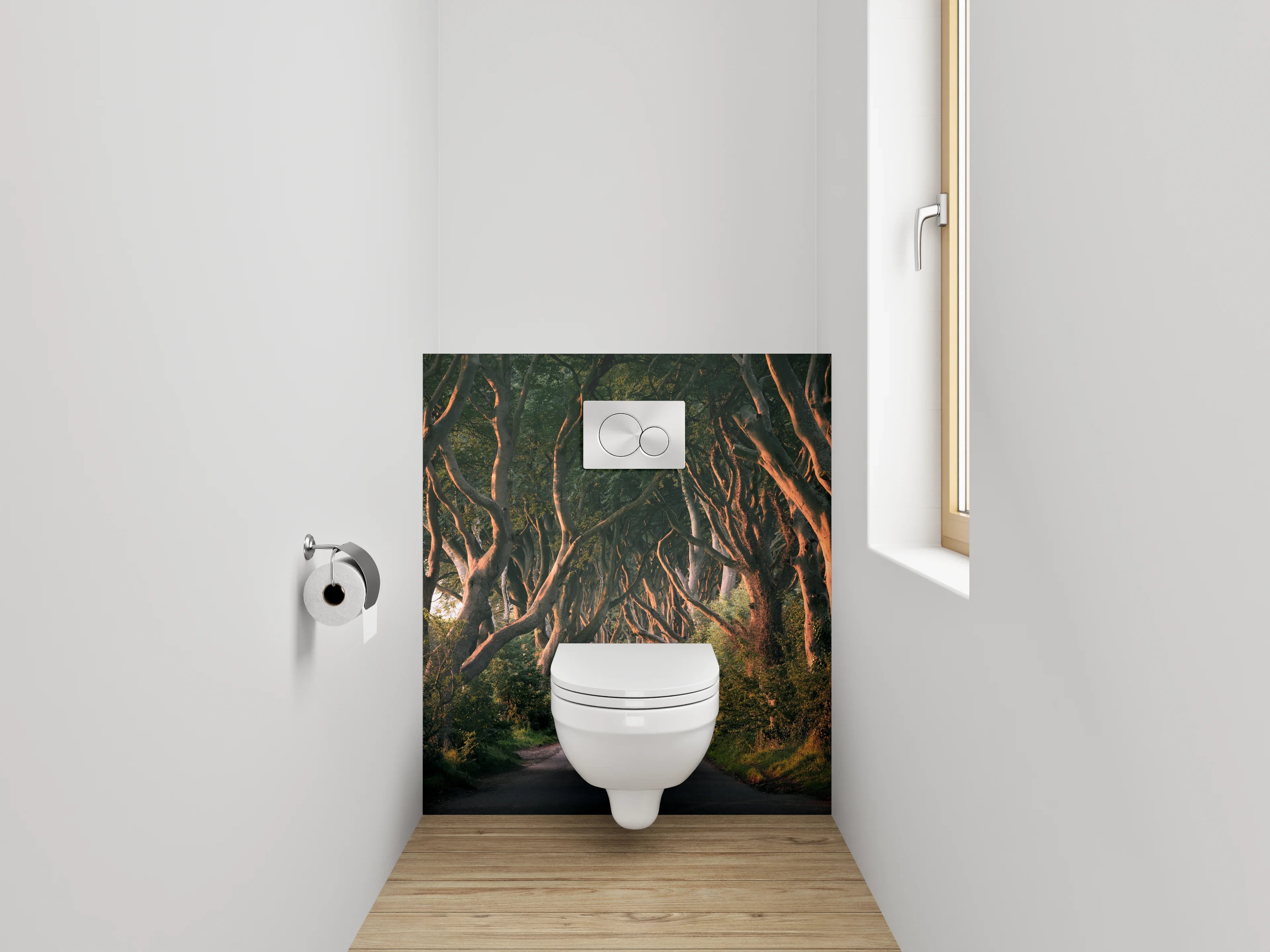 WC-Rückwand - Magischer Baumtunnel am Morgen