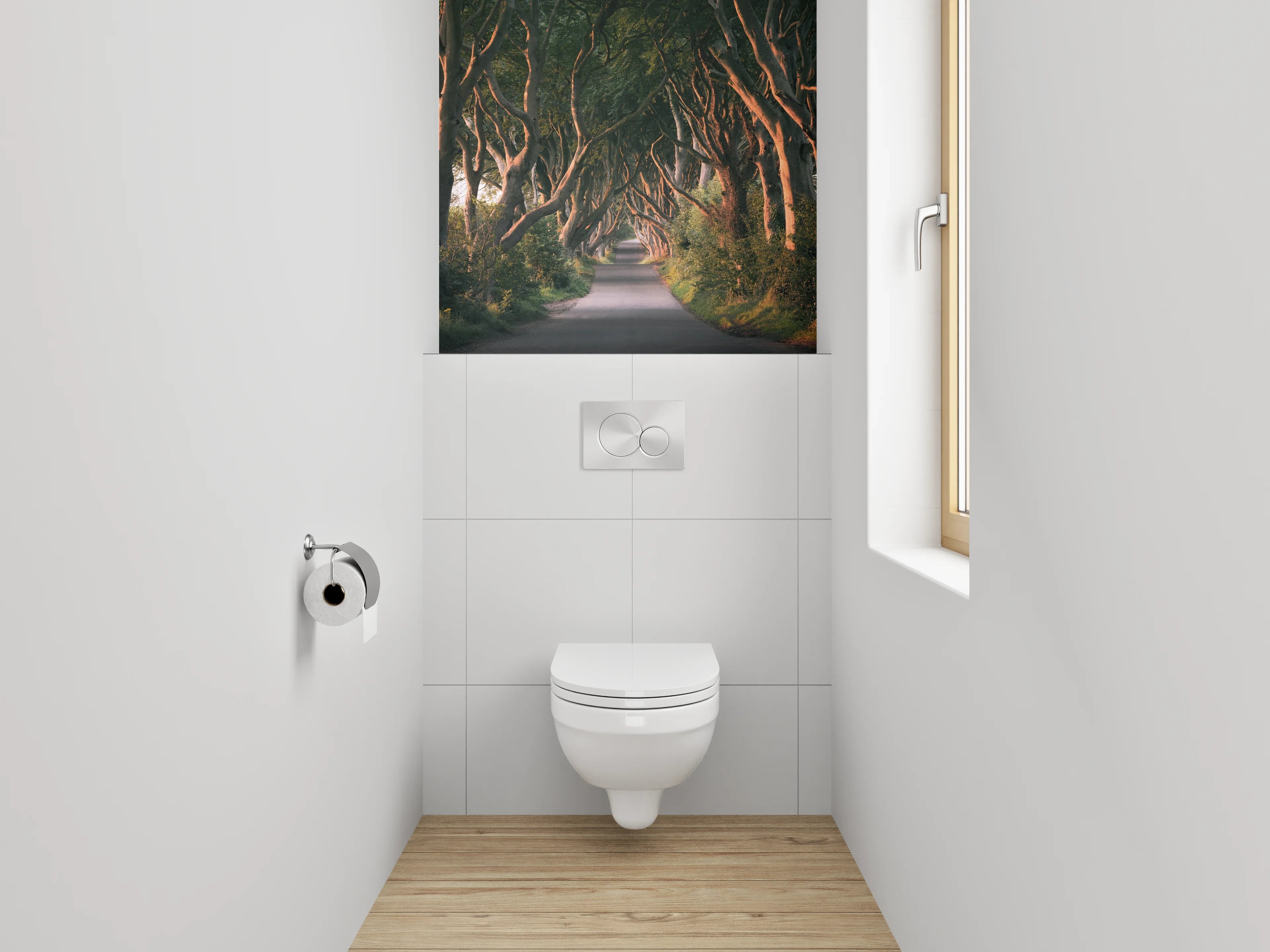 WC-Rückwand - Magischer Baumtunnel am Morgen