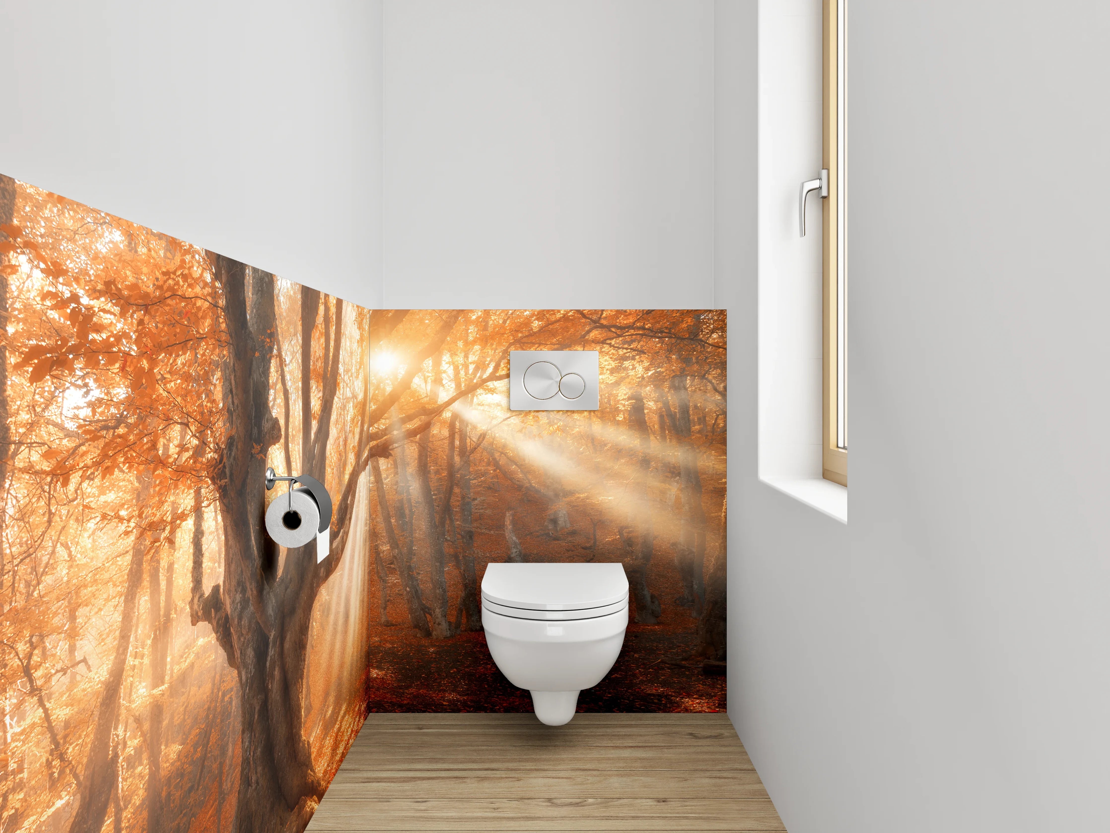 WC-Rückwand - Magischer Sonnenstrahl im Herbstwald