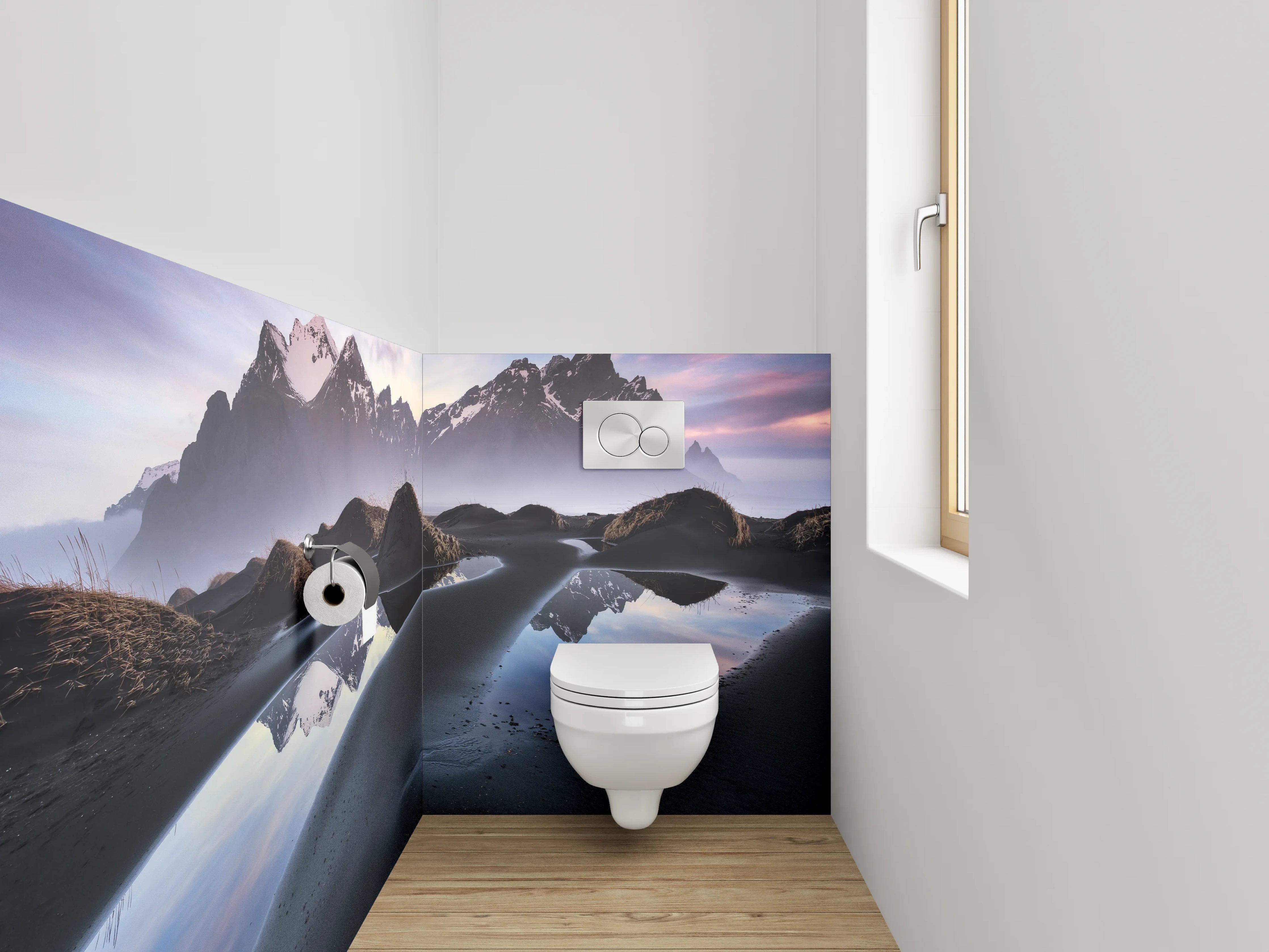 WC-Rückwand - Magischer Sonnenuntergang am Bergsee