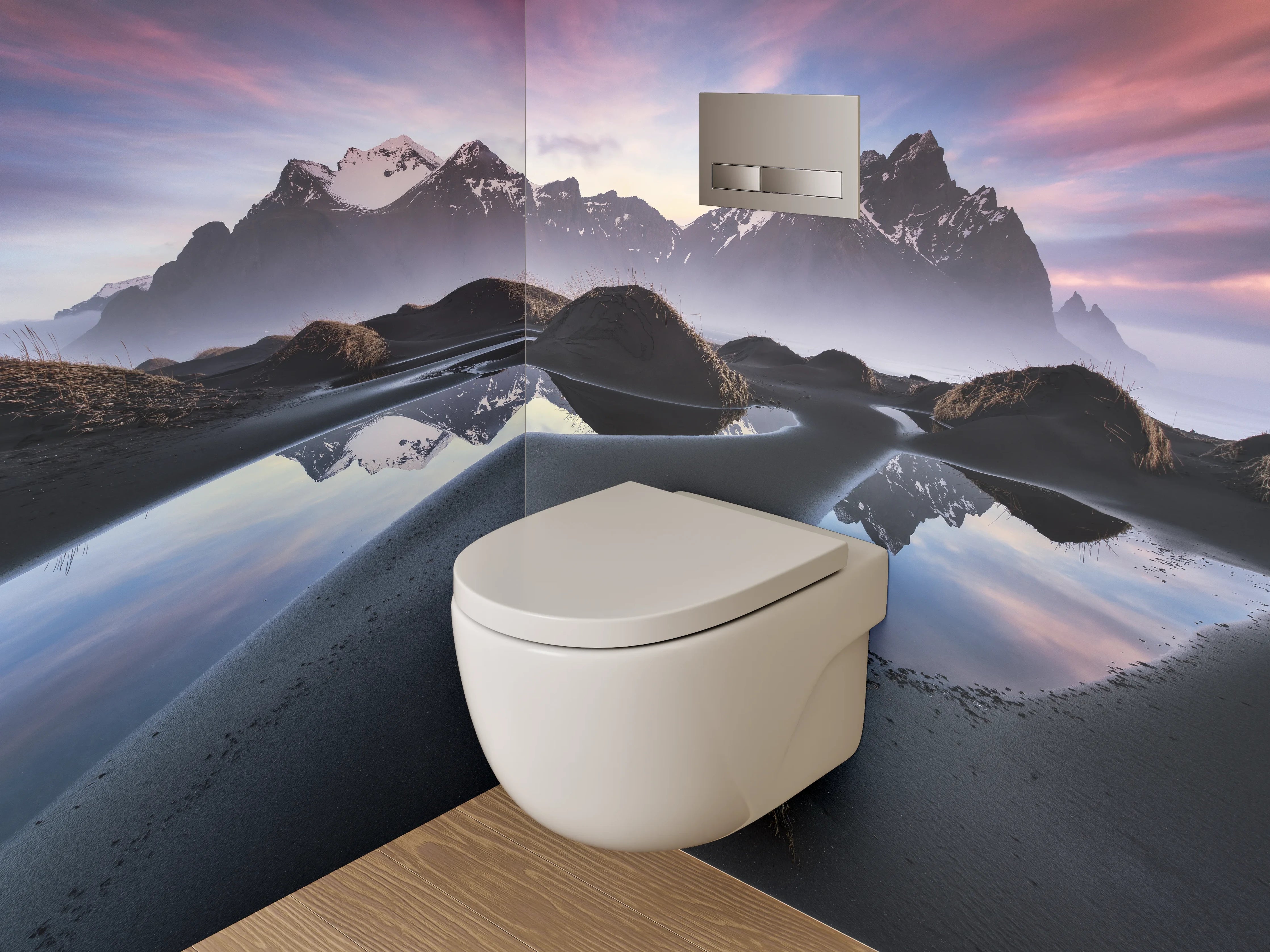 WC-Rückwand - Magischer Sonnenuntergang am Bergsee