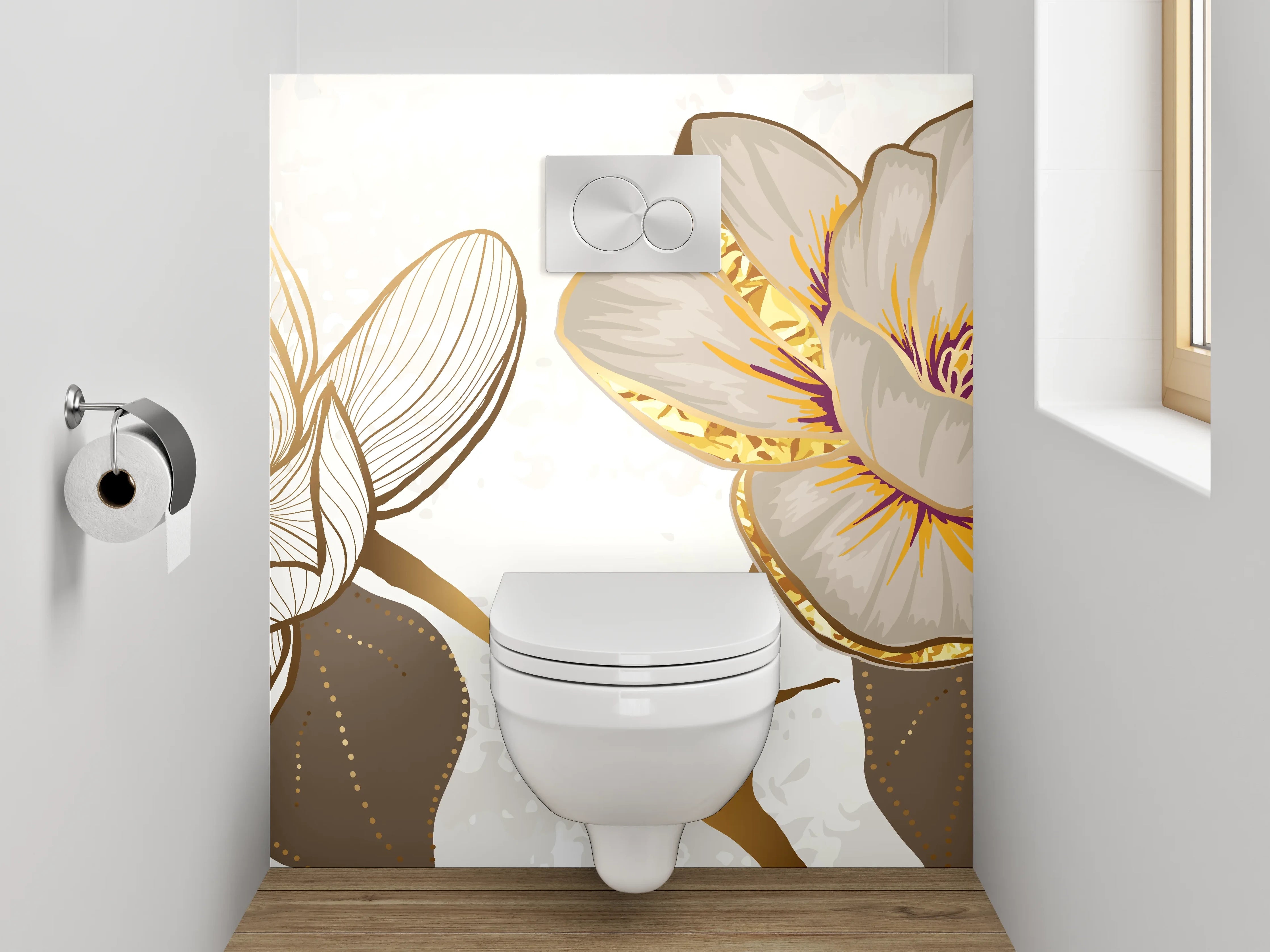 WC-Rückwand - Magnolien Lineart mit Goldakzenten