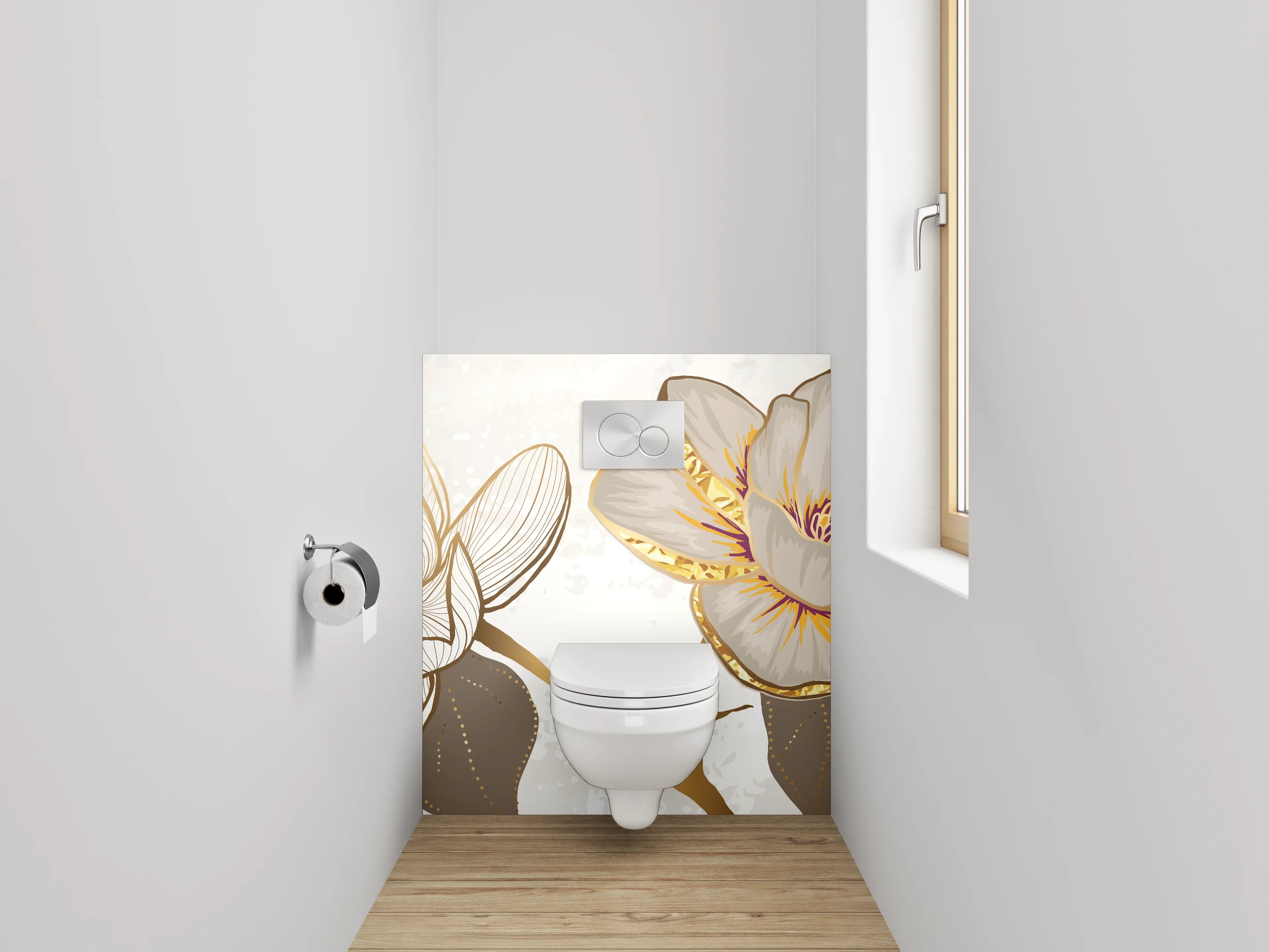 WC-Rückwand - Magnolien Lineart mit Goldakzenten