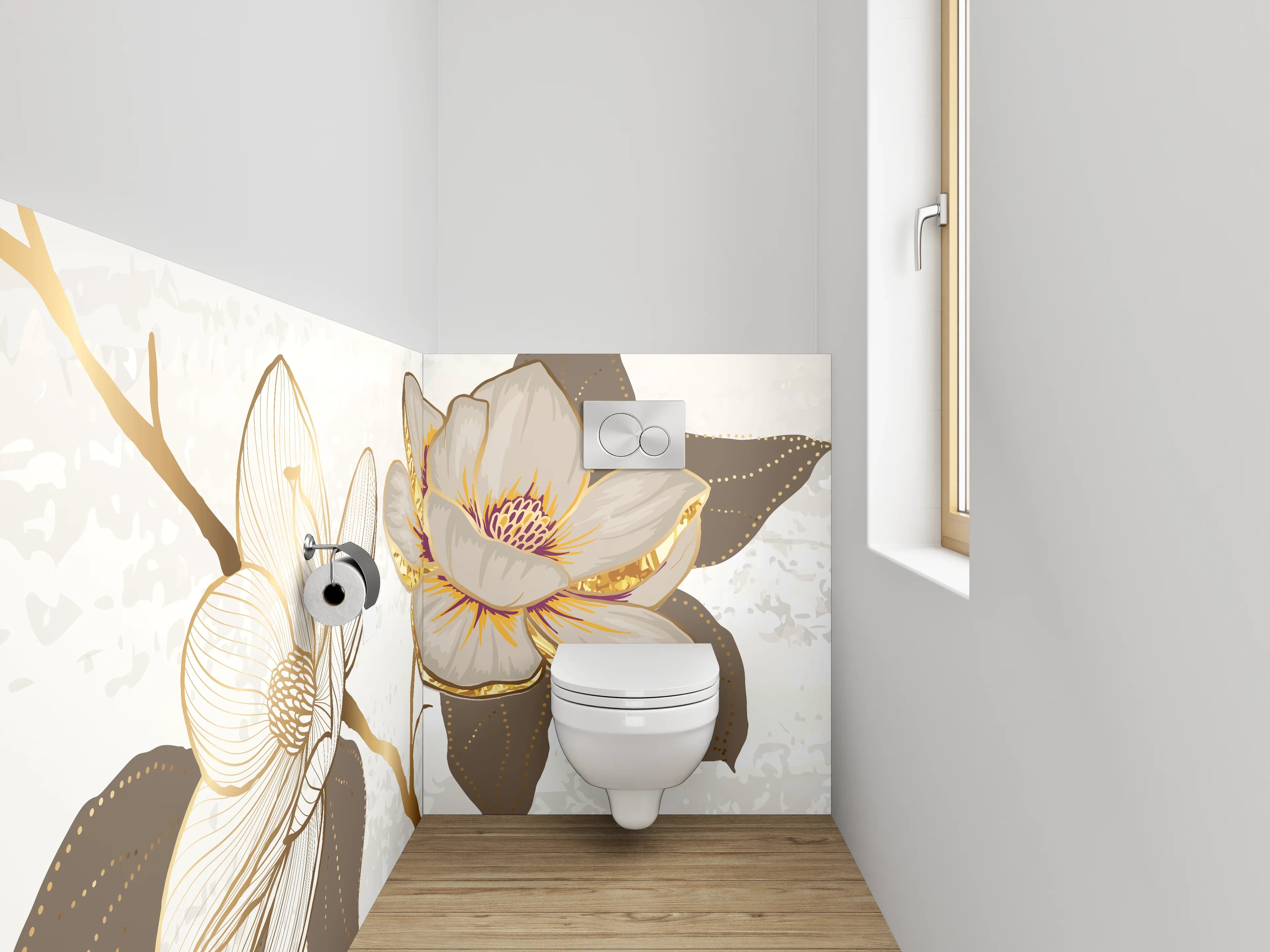 WC-Rückwand - Magnolien Lineart mit Goldakzenten