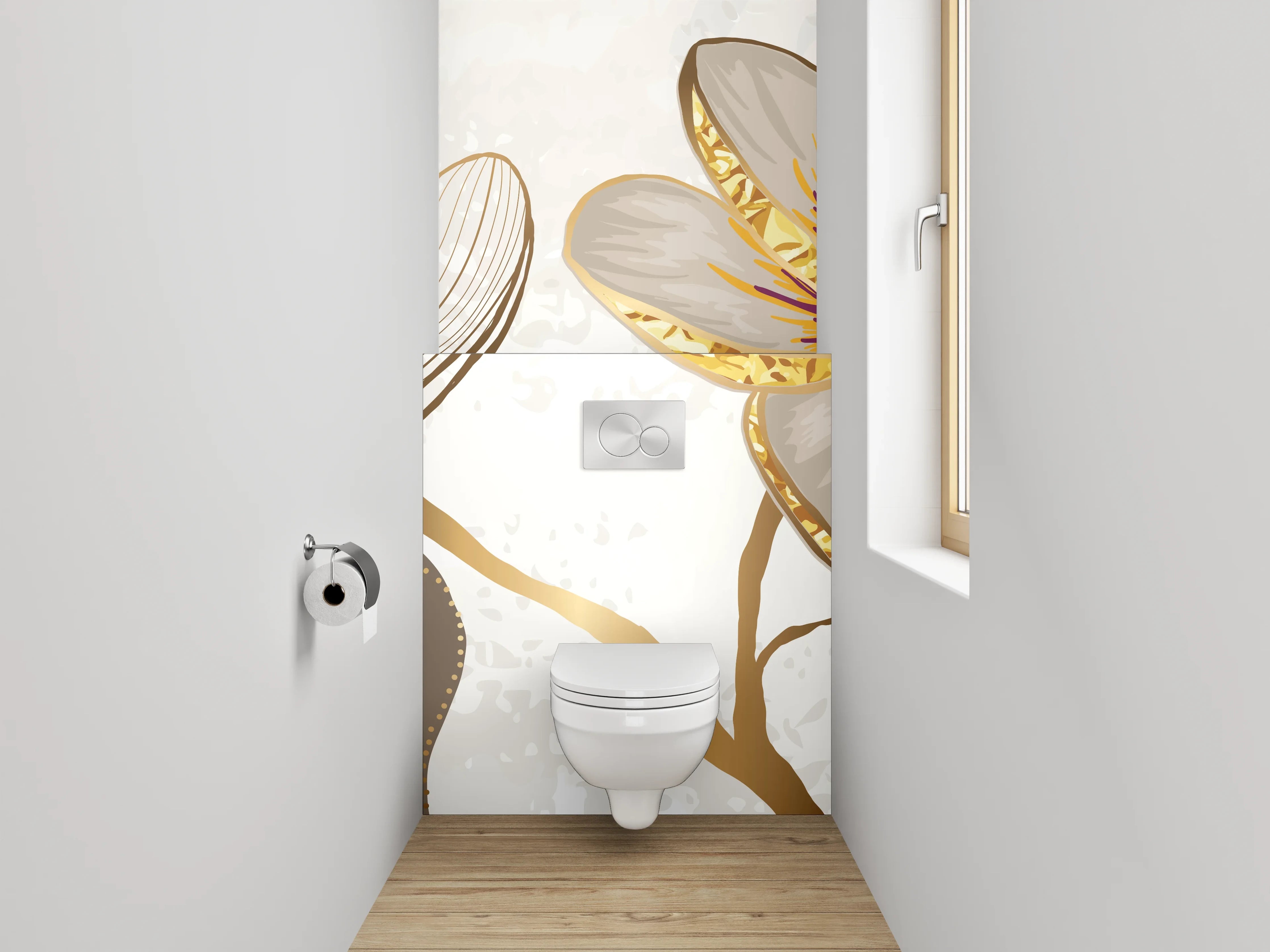 WC-Rückwand - Magnolien Lineart mit Goldakzenten