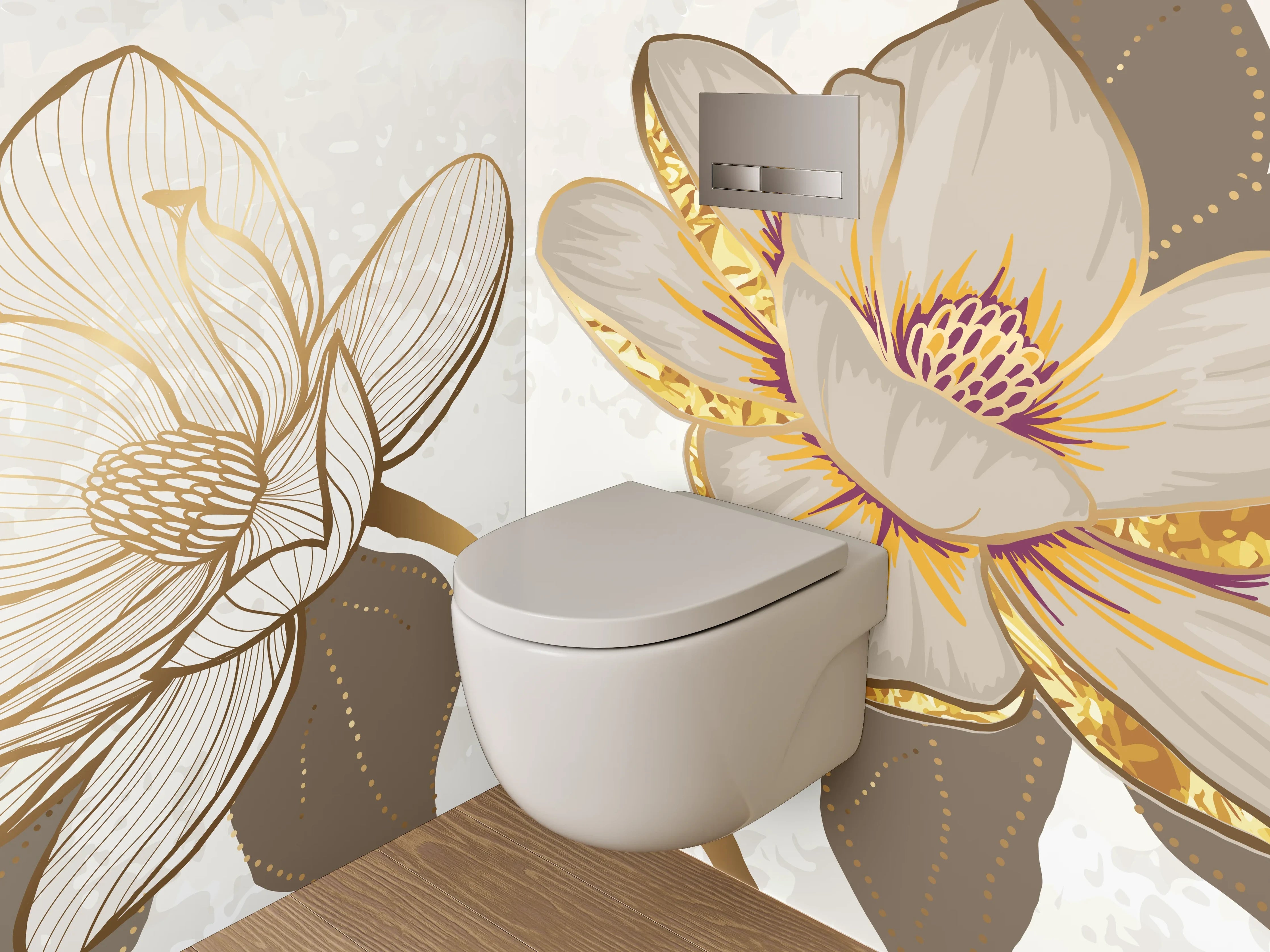 WC-Rückwand - Magnolien Lineart mit Goldakzenten