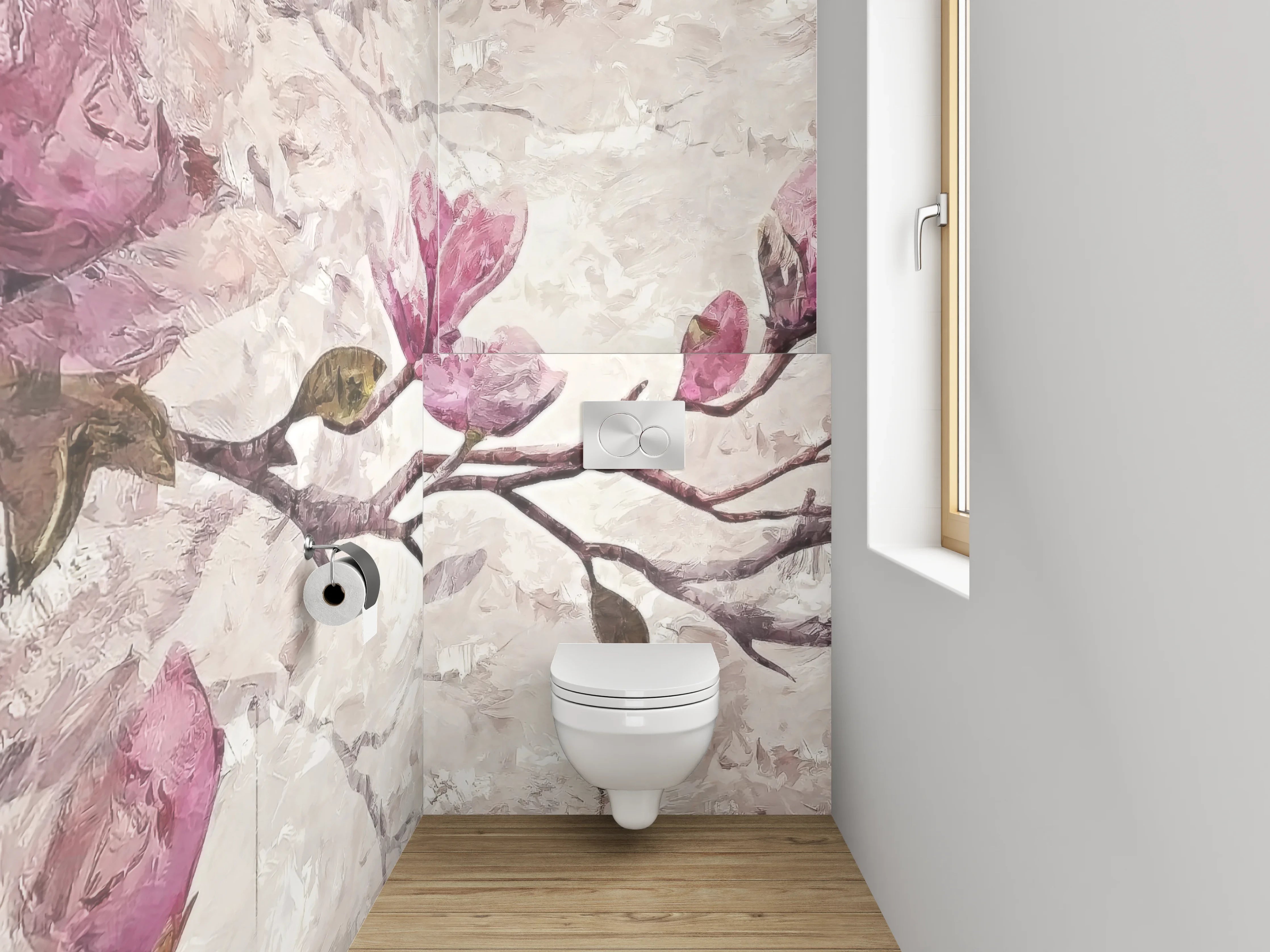 WC-Rückwand - Magnolien Zweig Malerei Rosa Beige