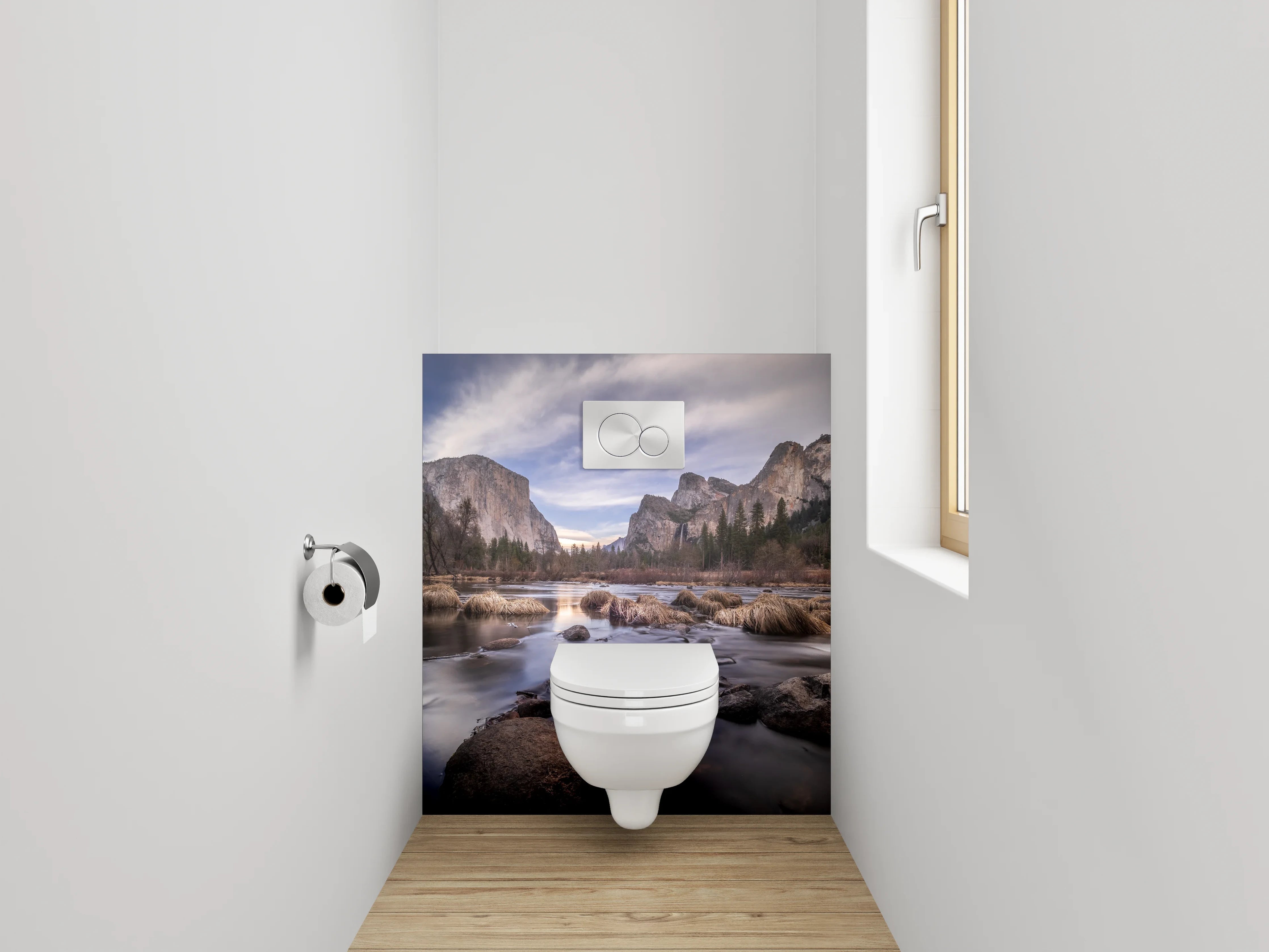 WC-Rückwand - Majestätische Berge am Flussufer
