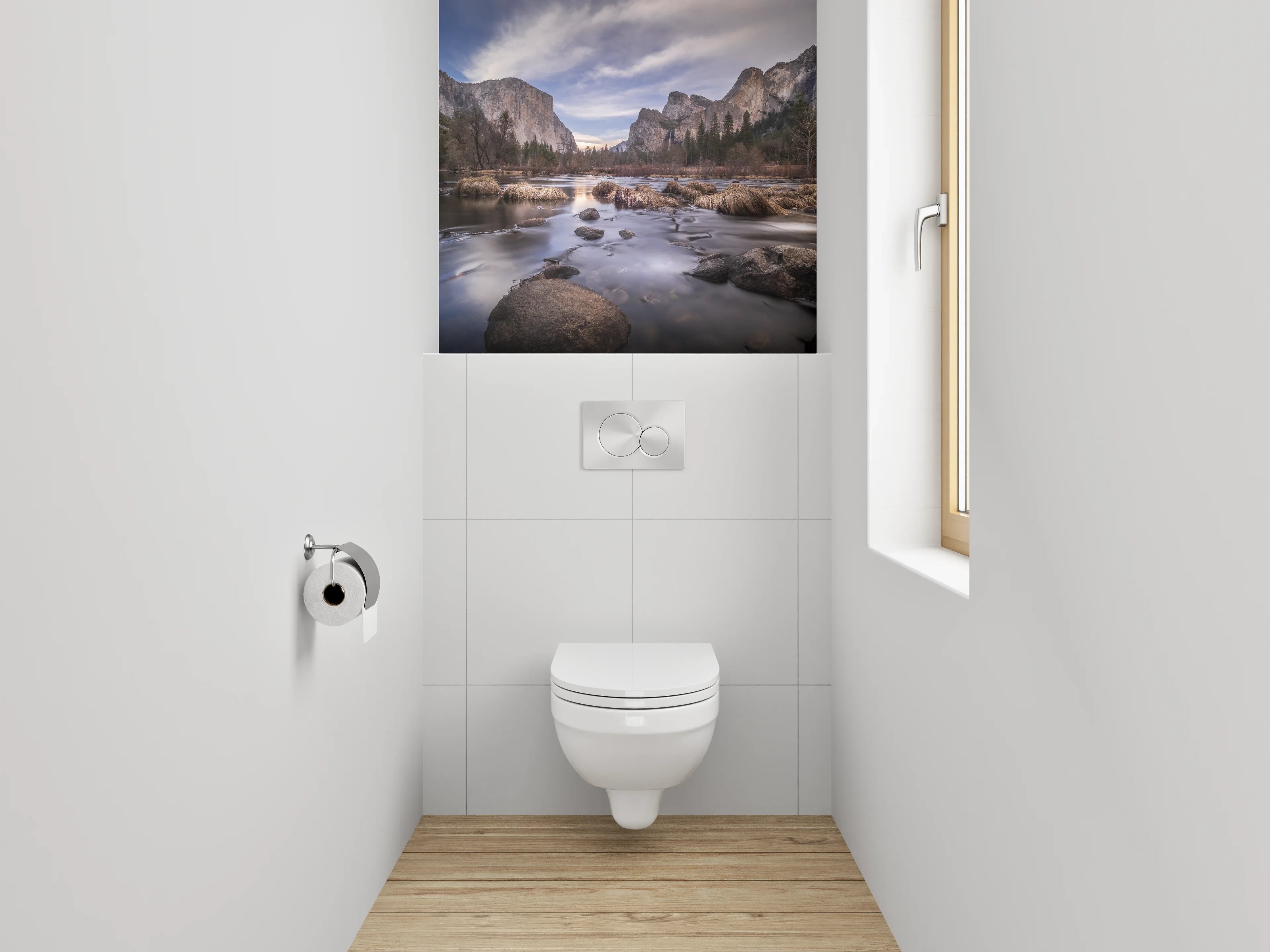 WC-Rückwand - Majestätische Berge am Flussufer