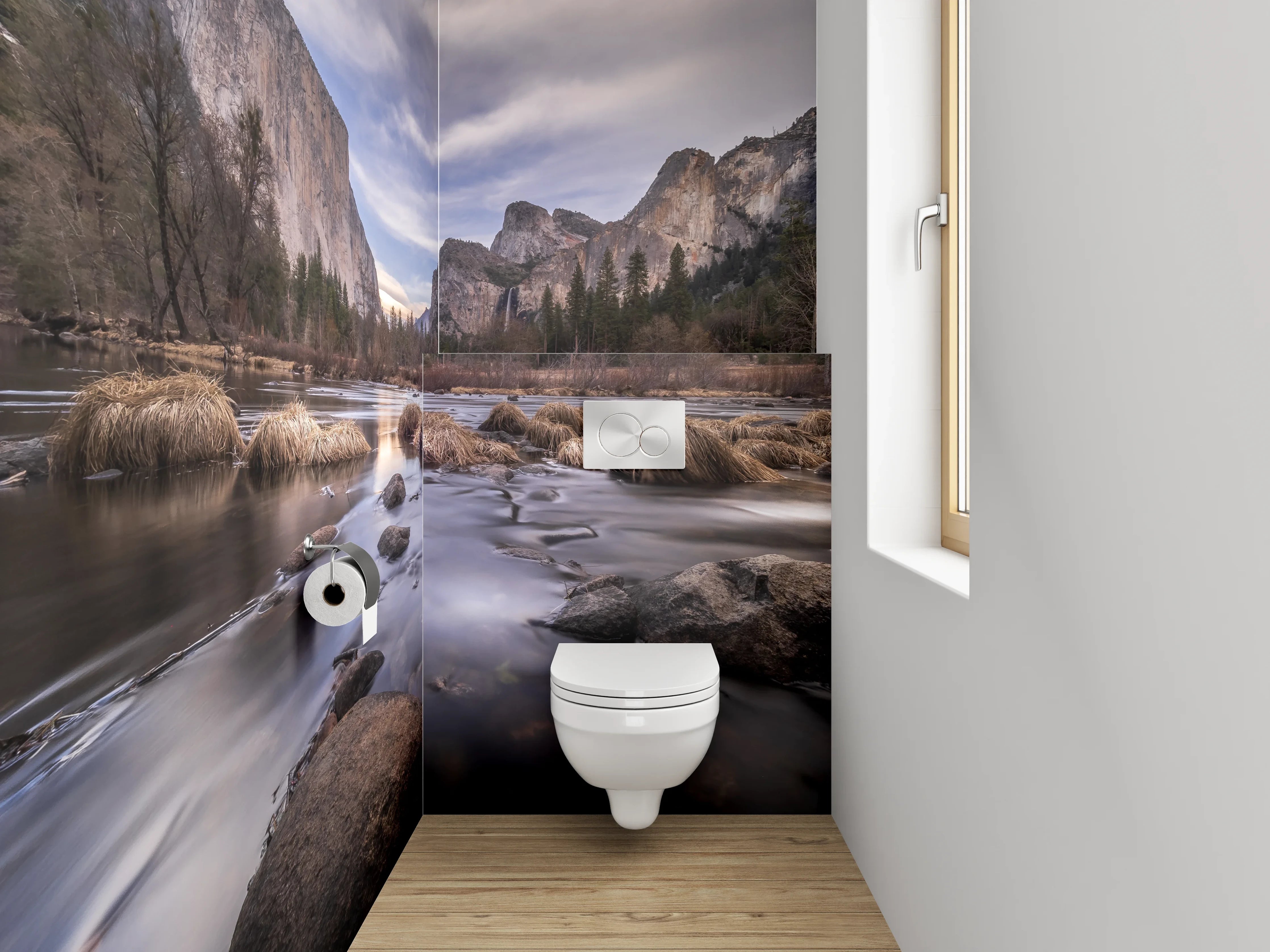WC-Rückwand - Majestätische Berge am Flussufer
