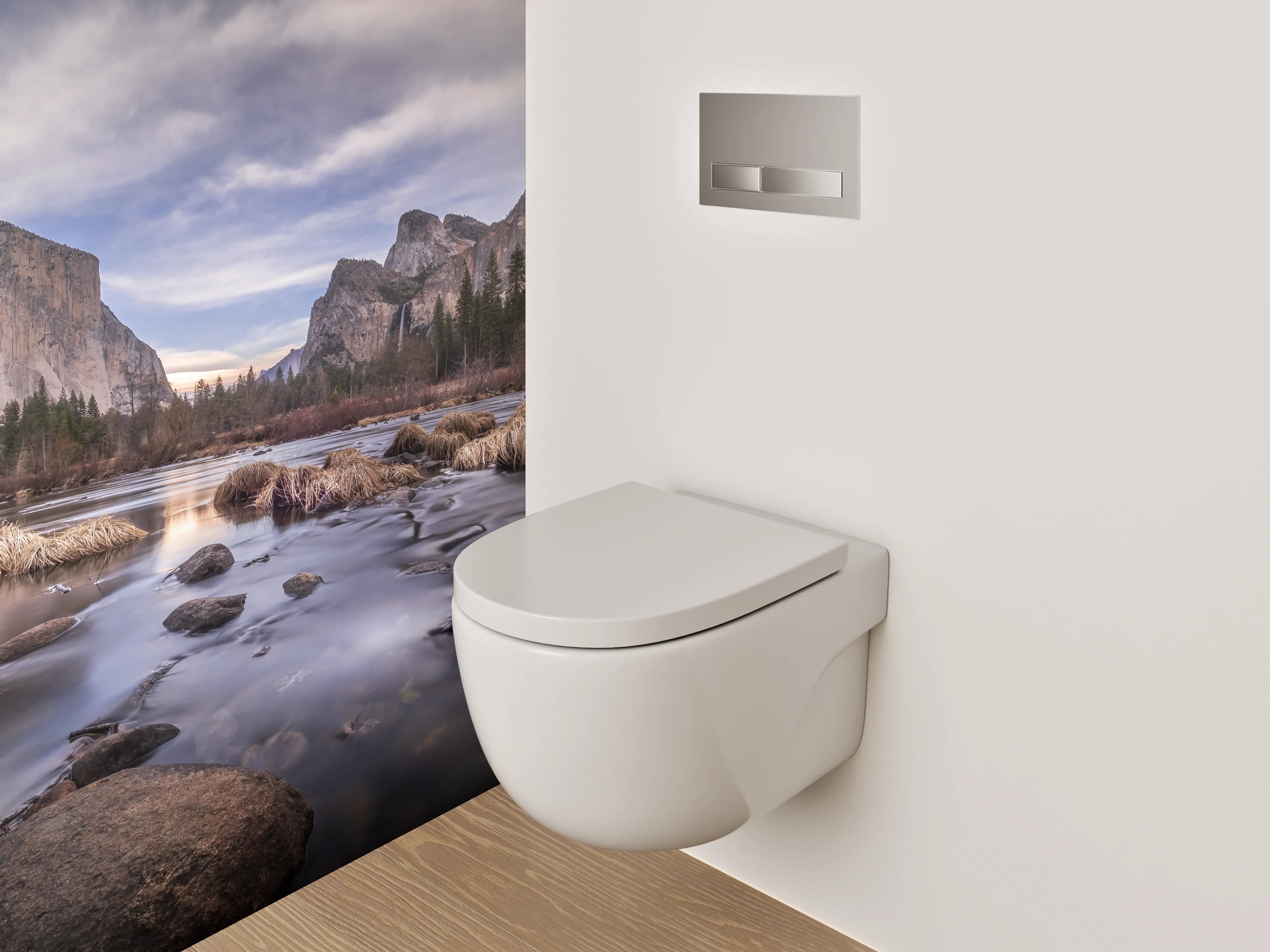 WC-Rückwand - Majestätische Berge am Flussufer