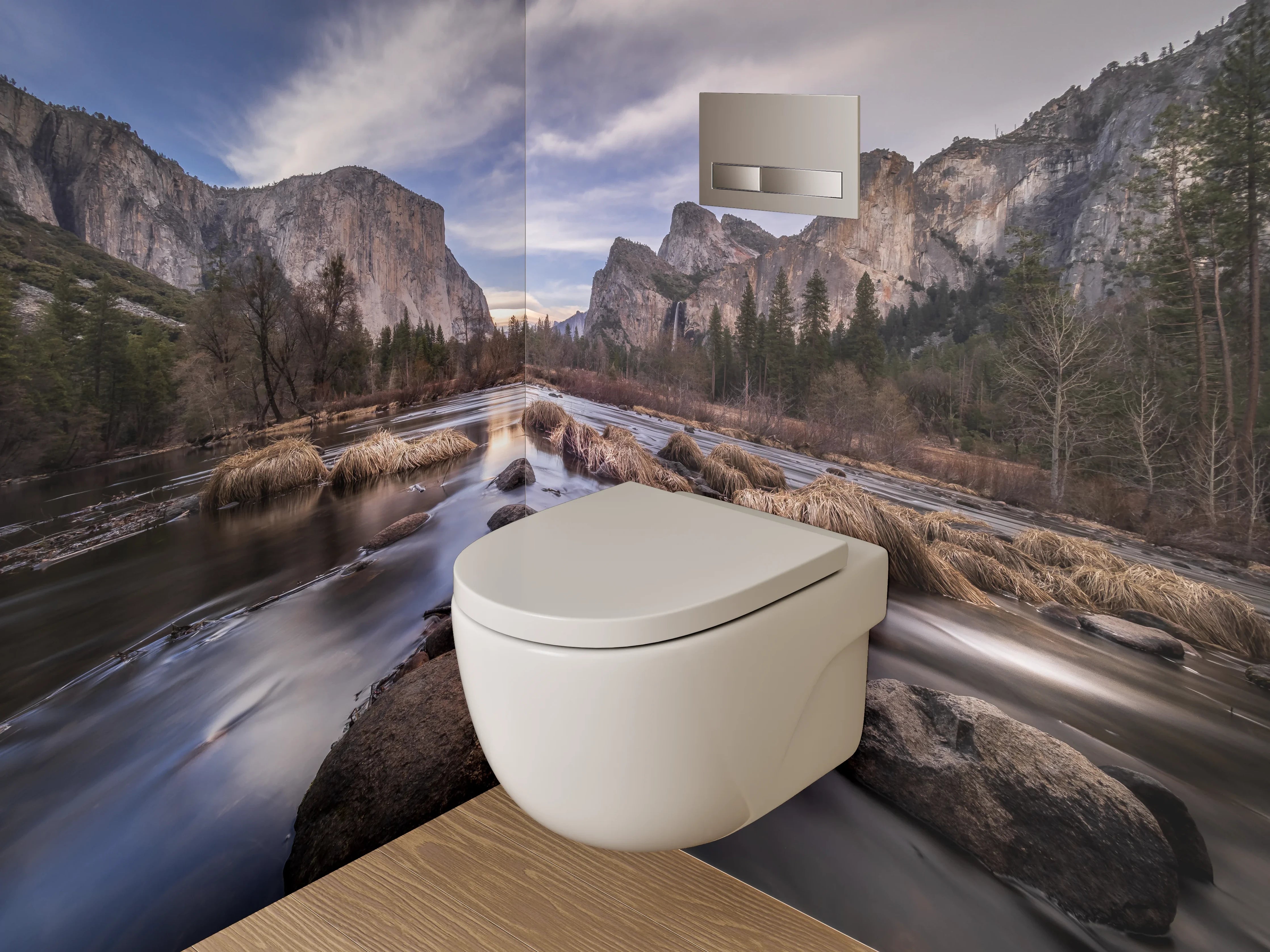 WC-Rückwand - Majestätische Berge am Flussufer