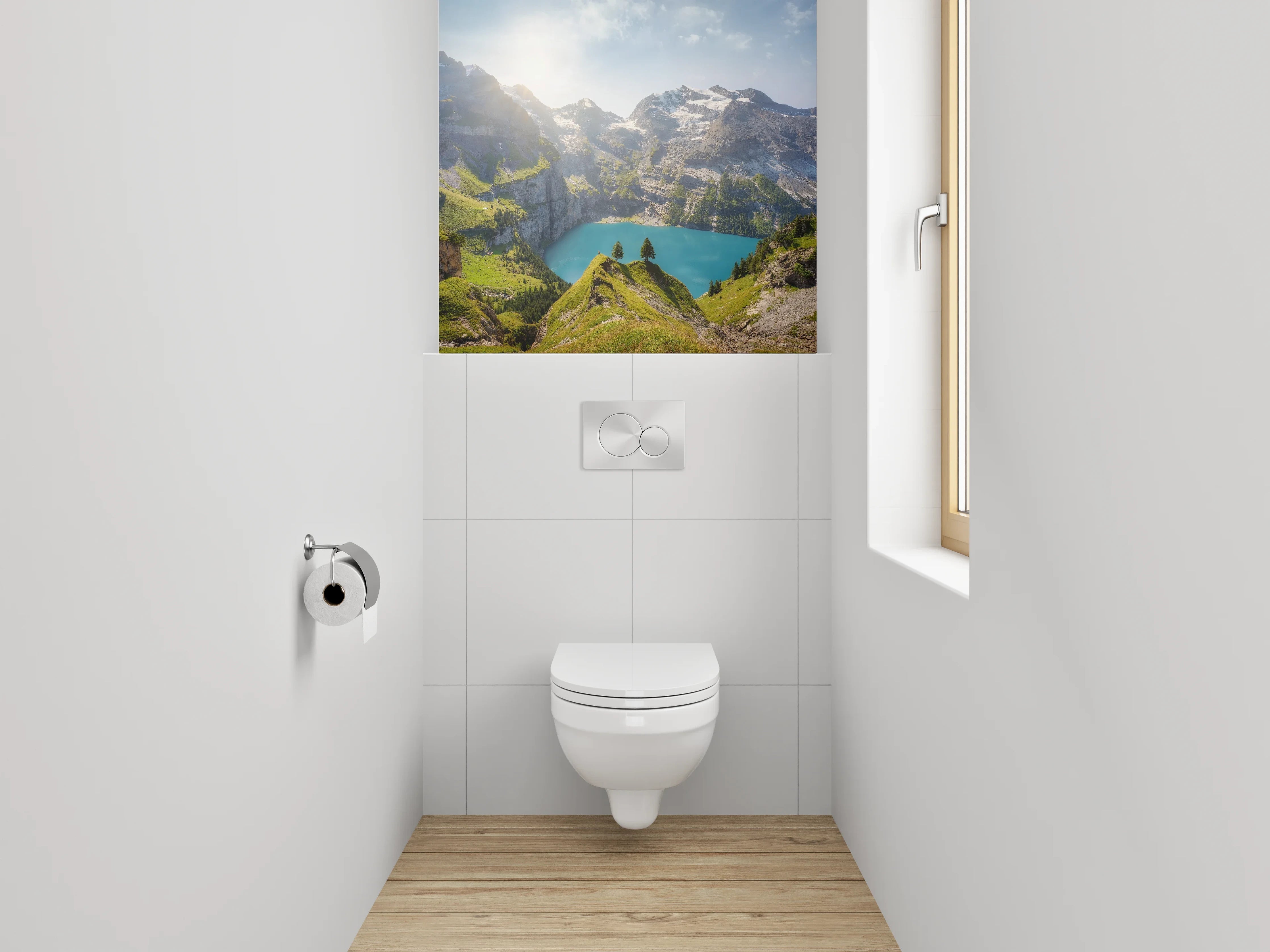 WC-Rückwand - Majestätische Berge am klaren Bergsee