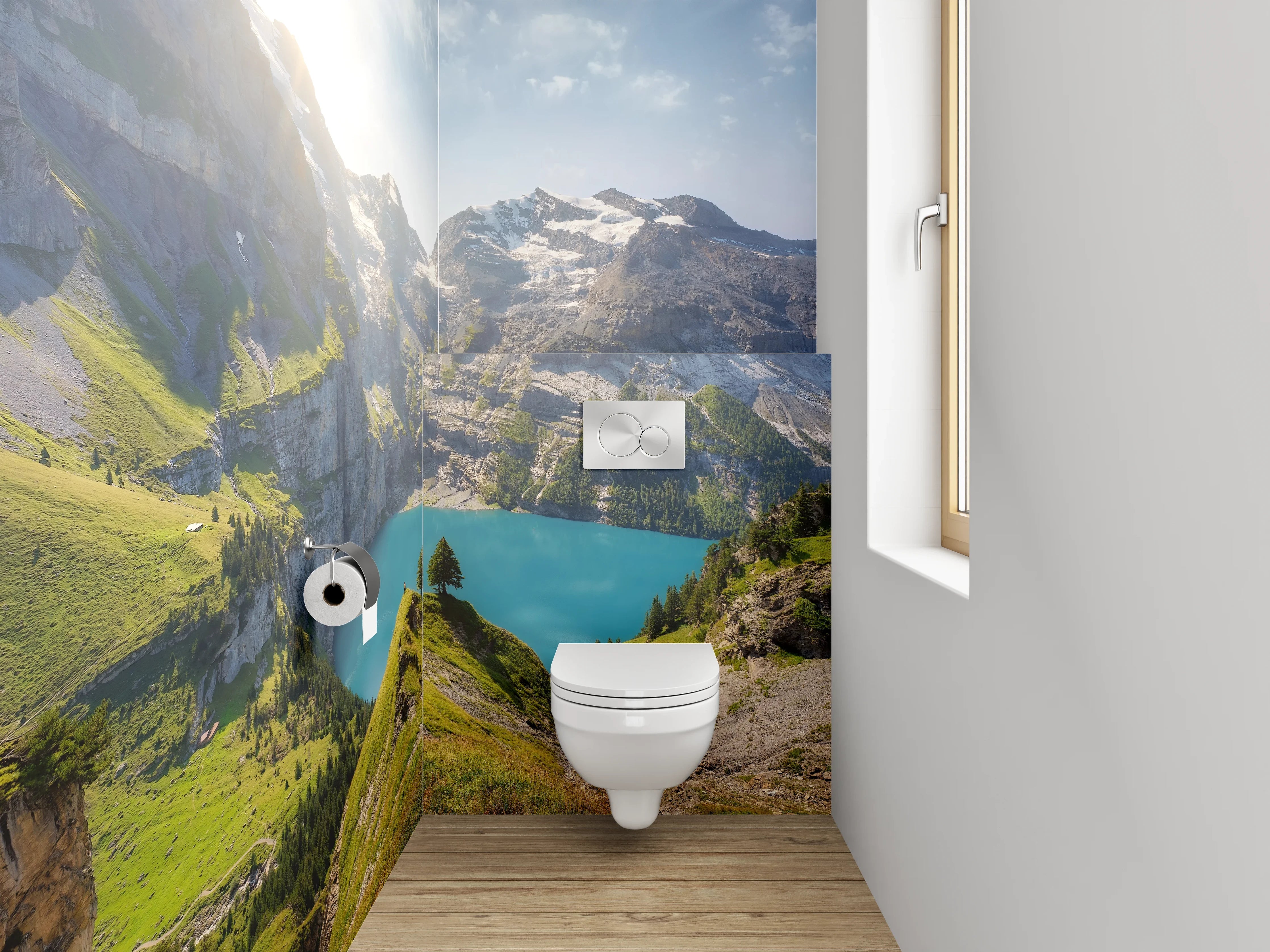 WC-Rückwand - Majestätische Berge am klaren Bergsee