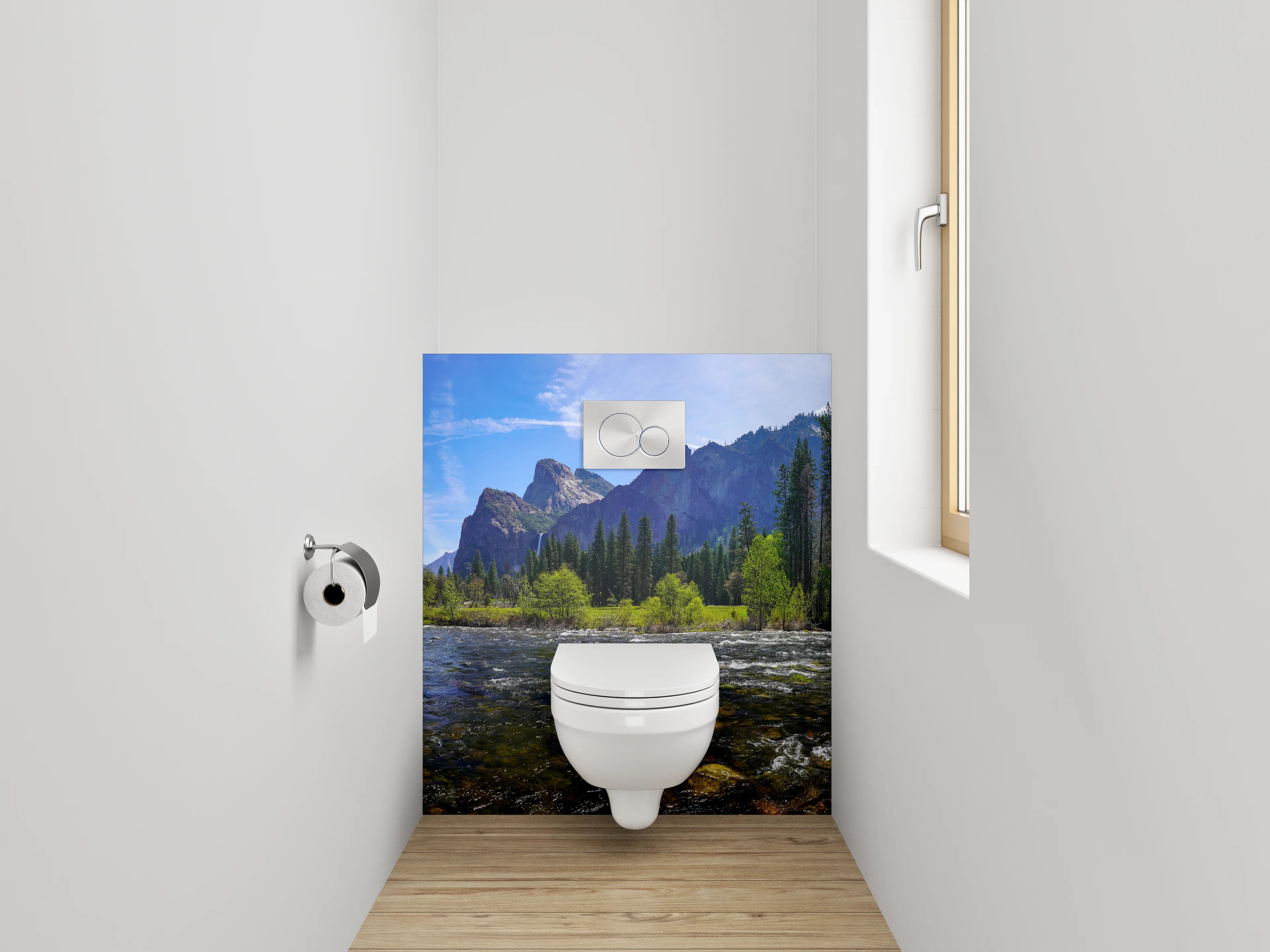WC-Rückwand - Majestätische Berglandschaft am Fluss
