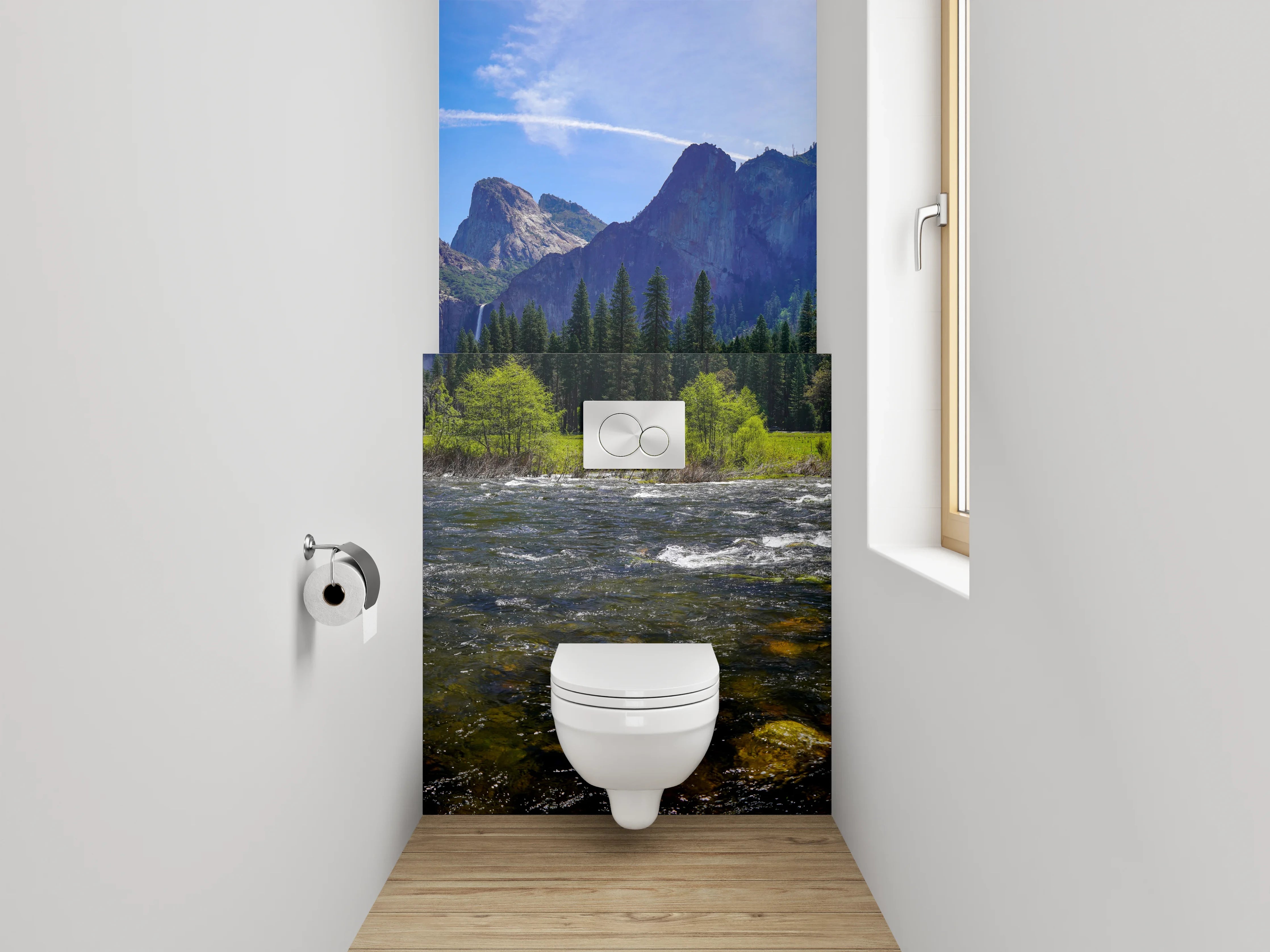 WC-Rückwand - Majestätische Berglandschaft am Fluss