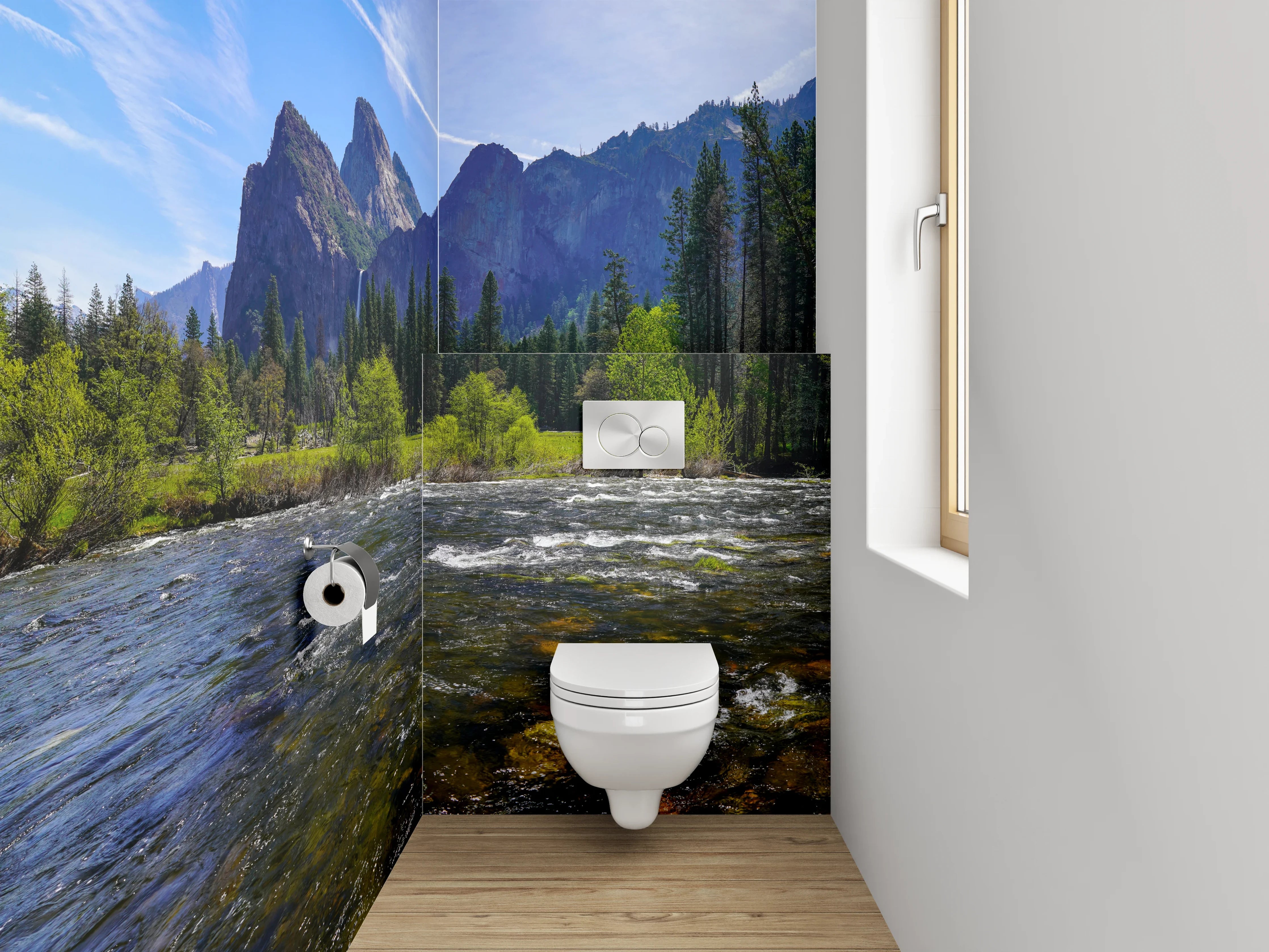 WC-Rückwand - Majestätische Berglandschaft am Fluss