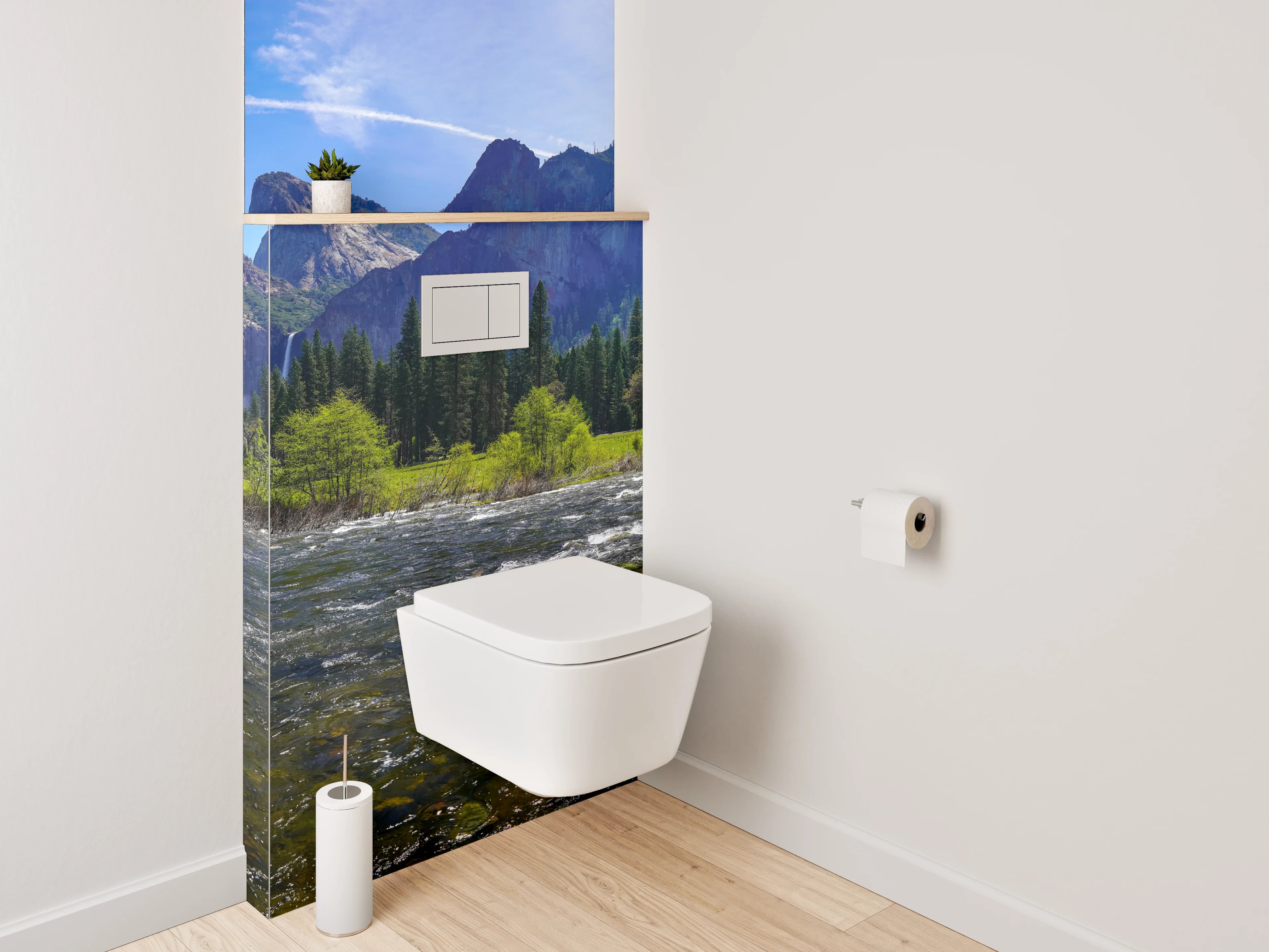 WC-Rückwand - Majestätische Berglandschaft am Fluss