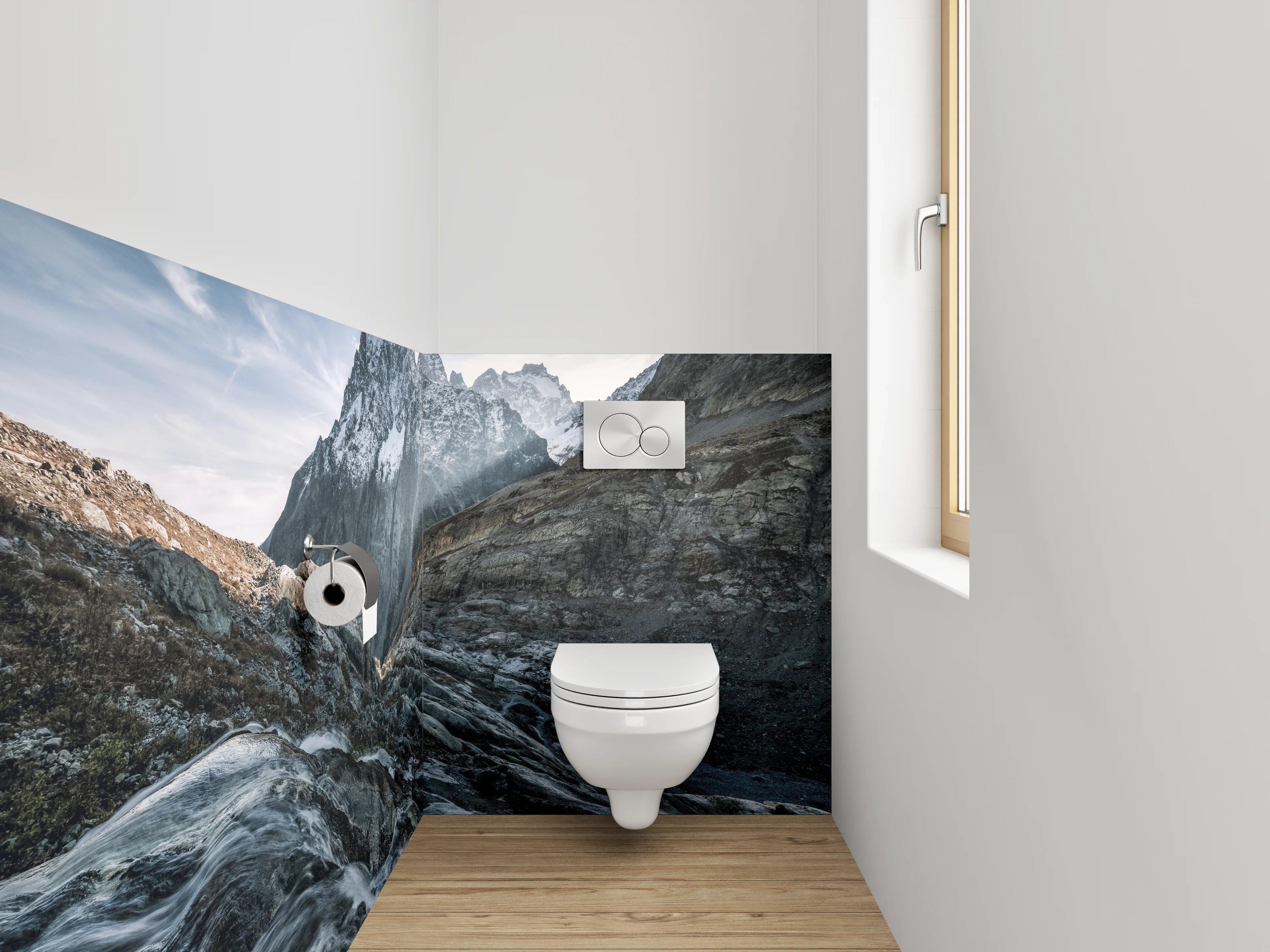 WC-Rückwand - Majestätische Berglandschaft mit Wasserlauf