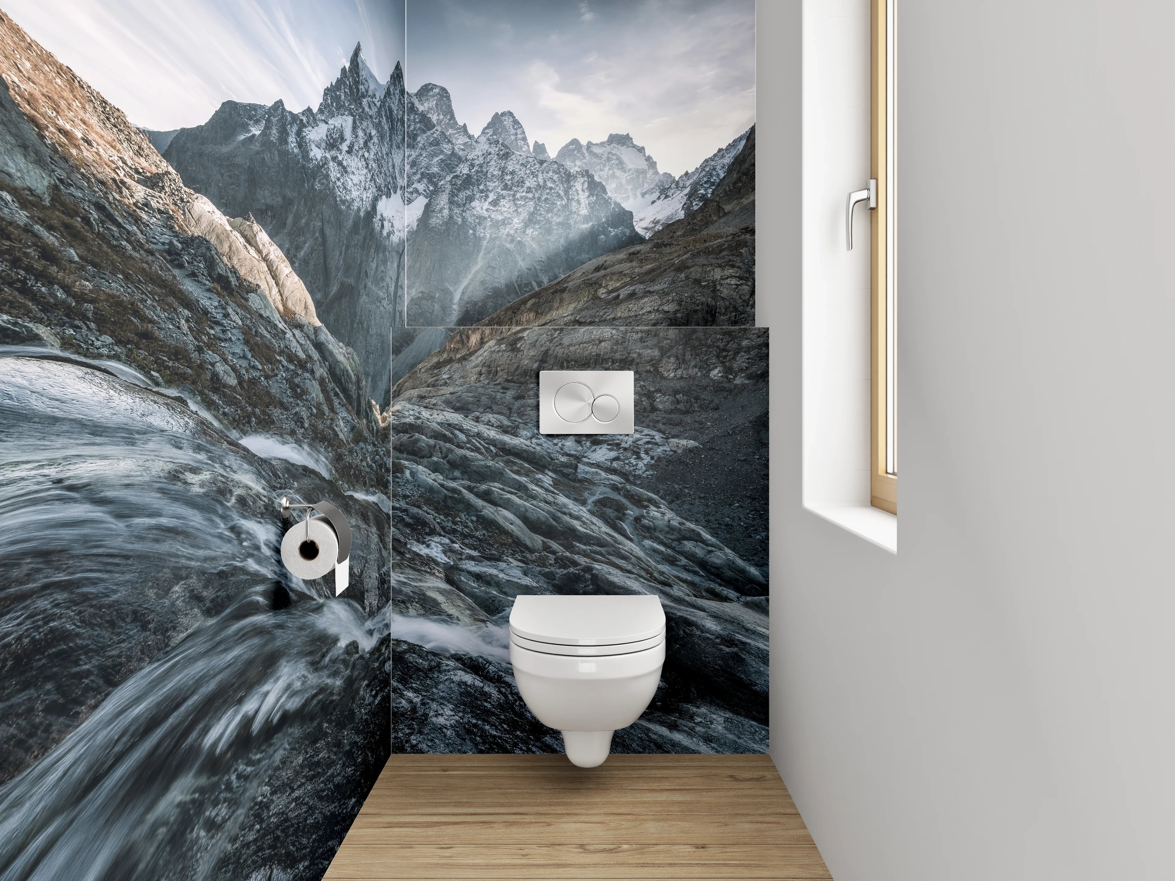 WC-Rückwand - Majestätische Berglandschaft mit Wasserlauf