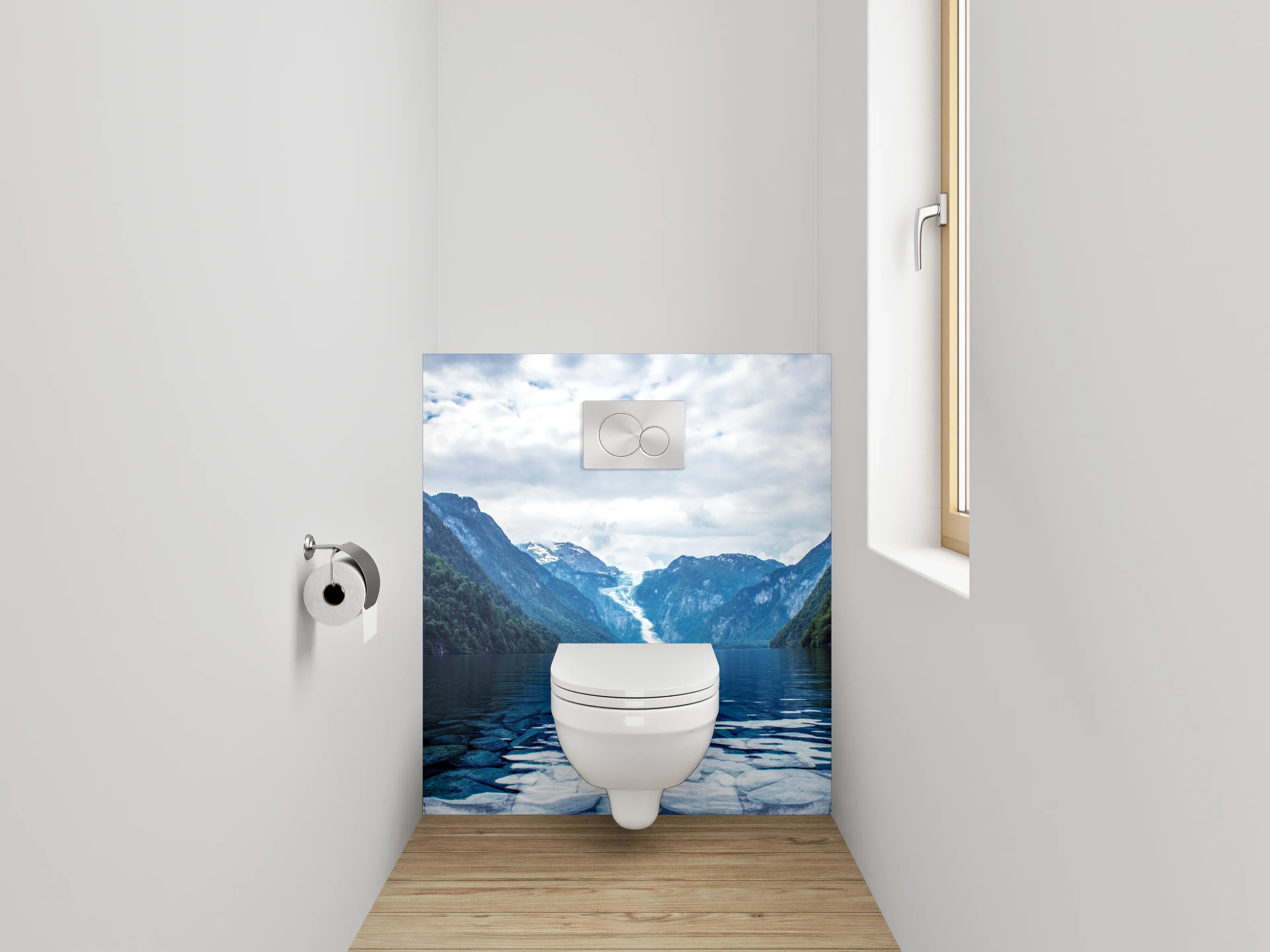 WC-Rückwand - Majestätischer Bergsee mit Wasserfall