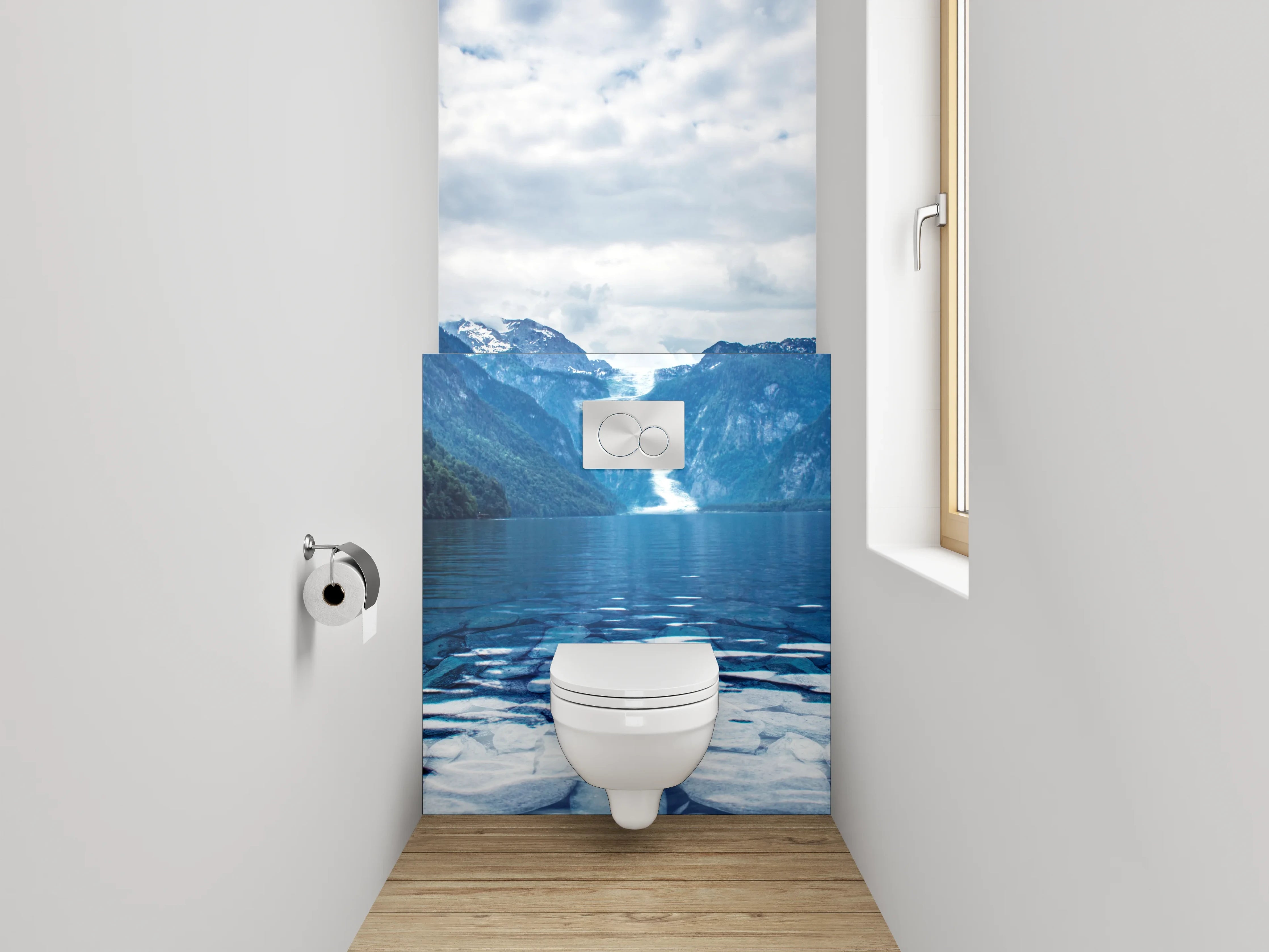 WC-Rückwand - Majestätischer Bergsee mit Wasserfall