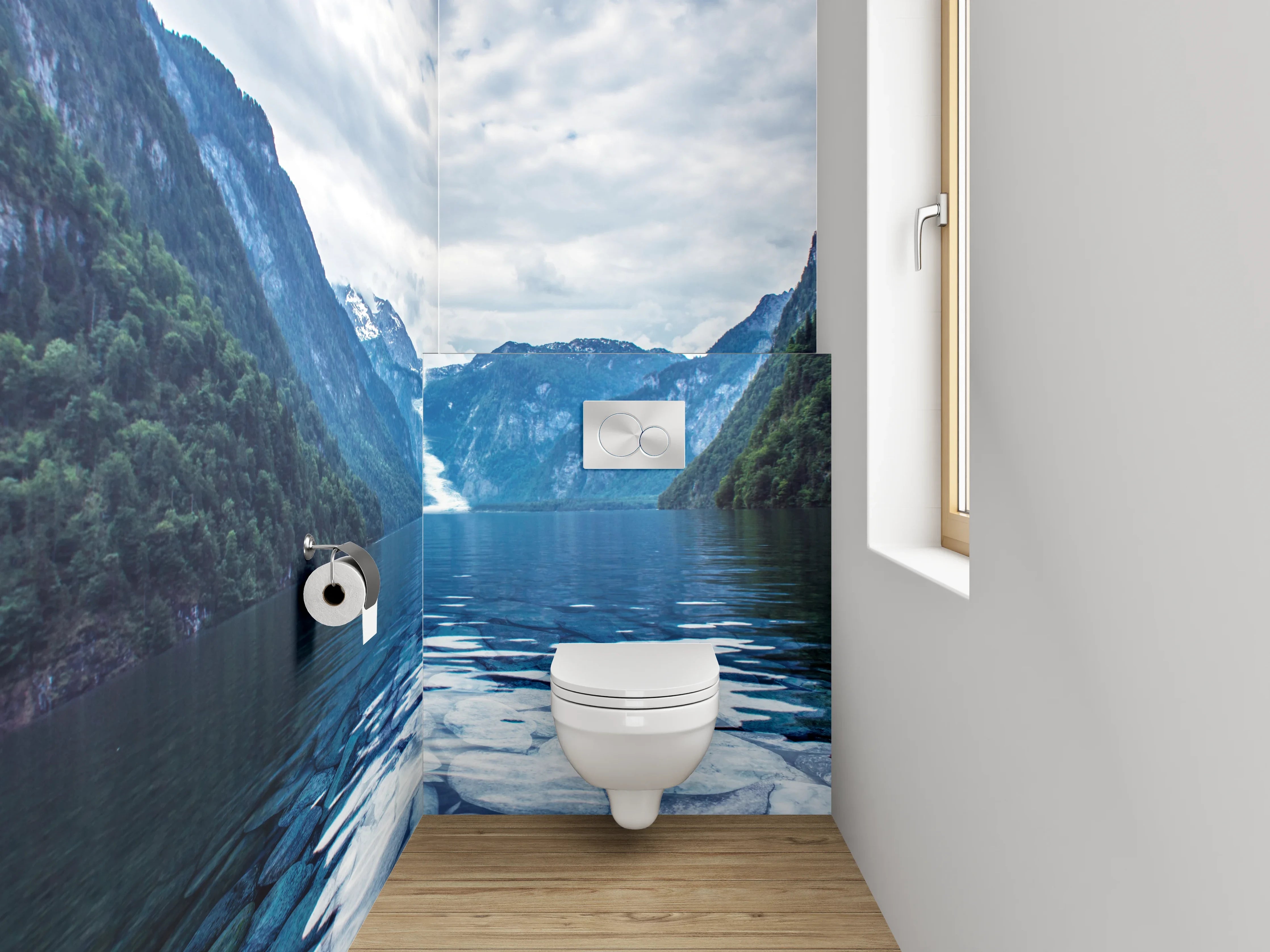 WC-Rückwand - Majestätischer Bergsee mit Wasserfall