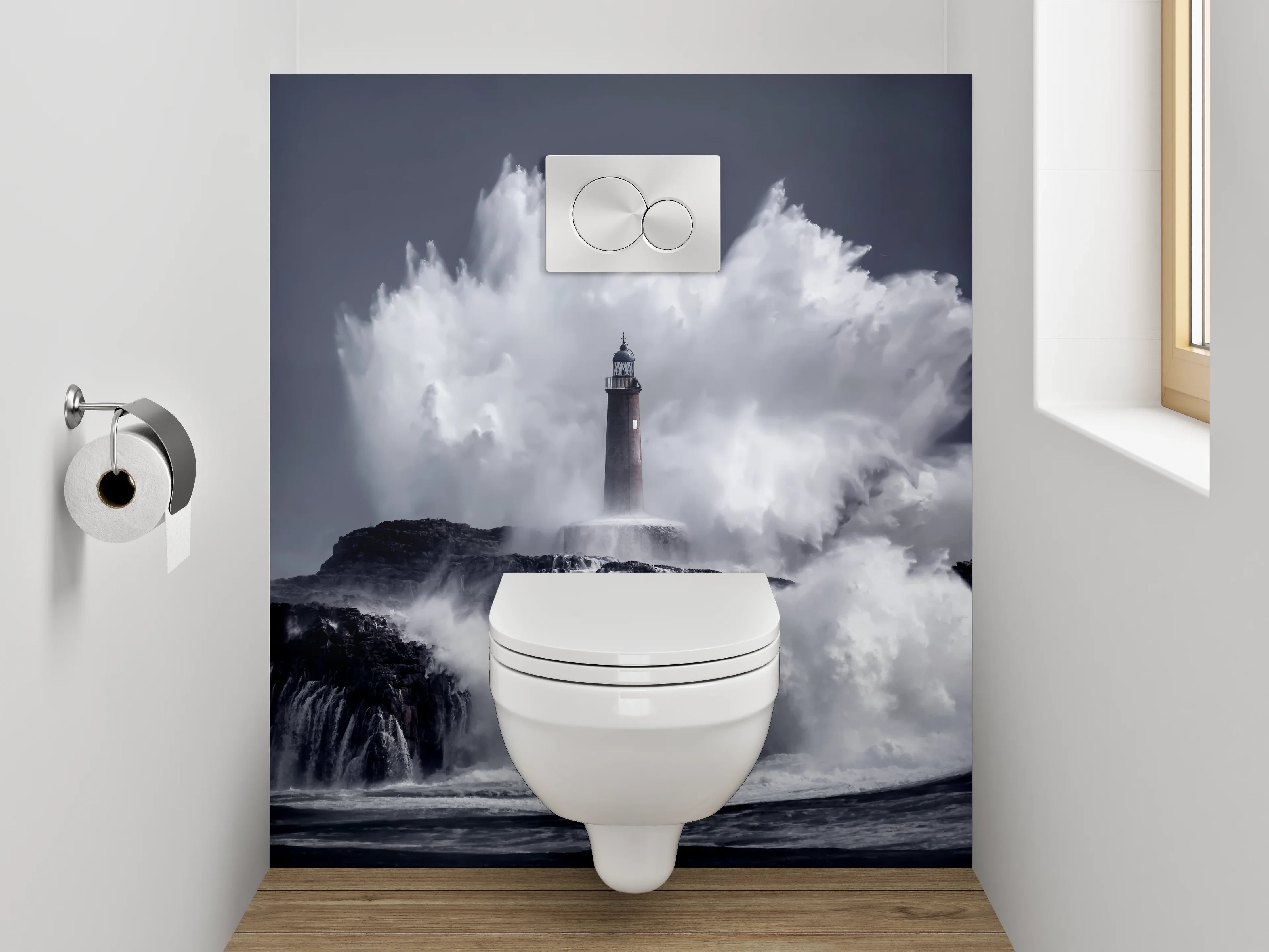 WC-Rückwand - Majestätischer Leuchtturm in Sturmfluten