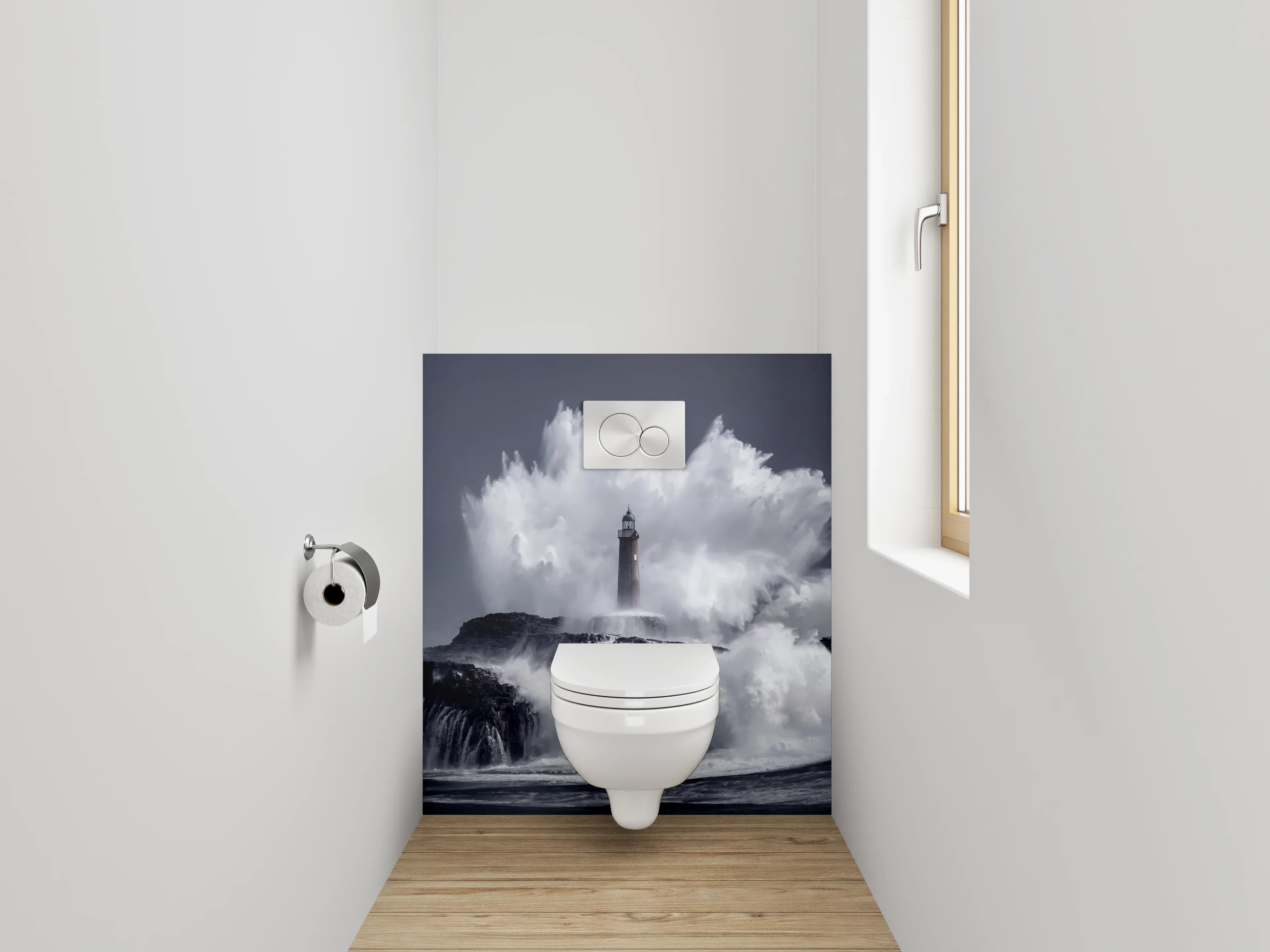 WC-Rückwand - Majestätischer Leuchtturm in Sturmfluten