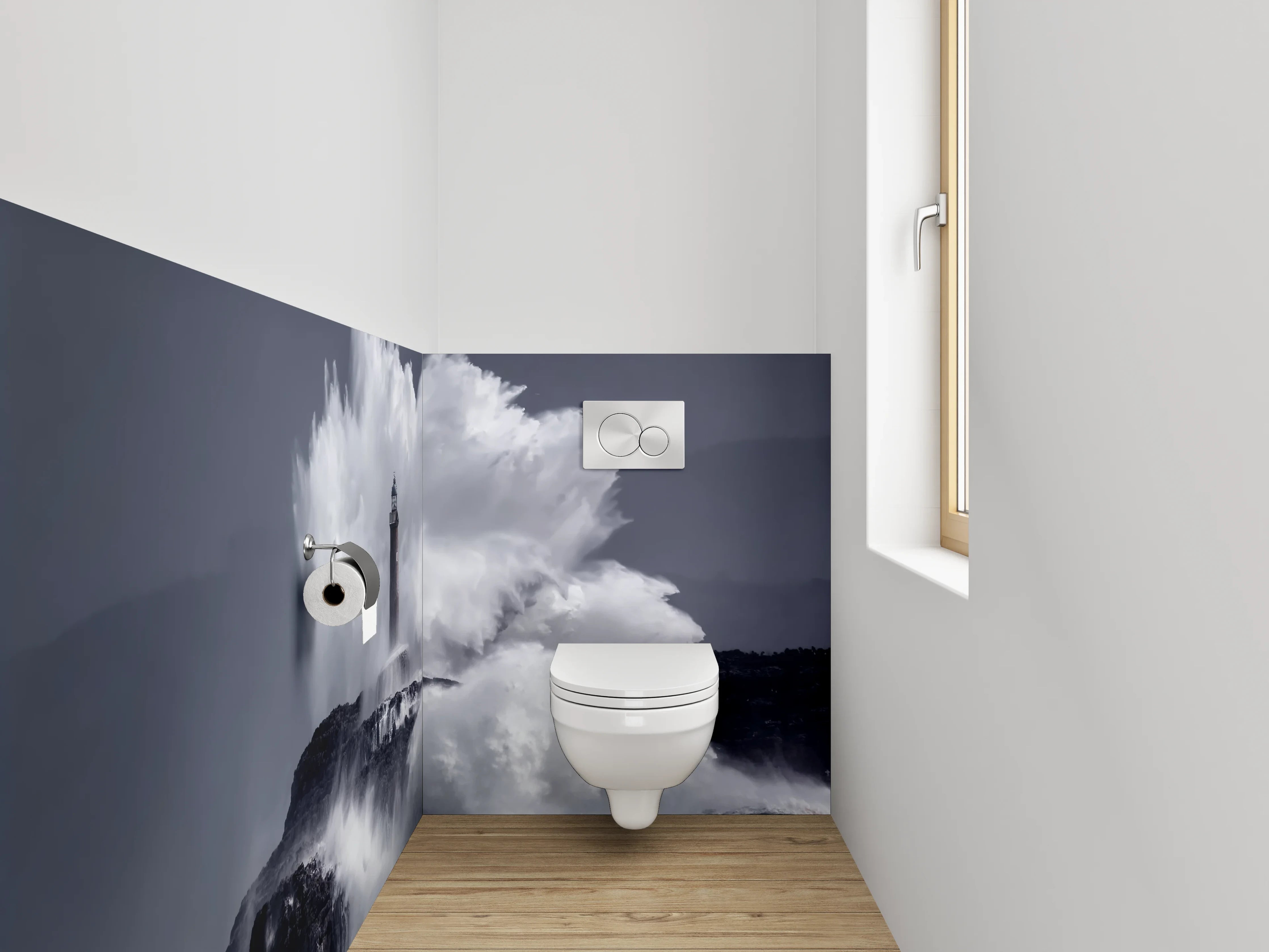 WC-Rückwand - Majestätischer Leuchtturm in Sturmfluten