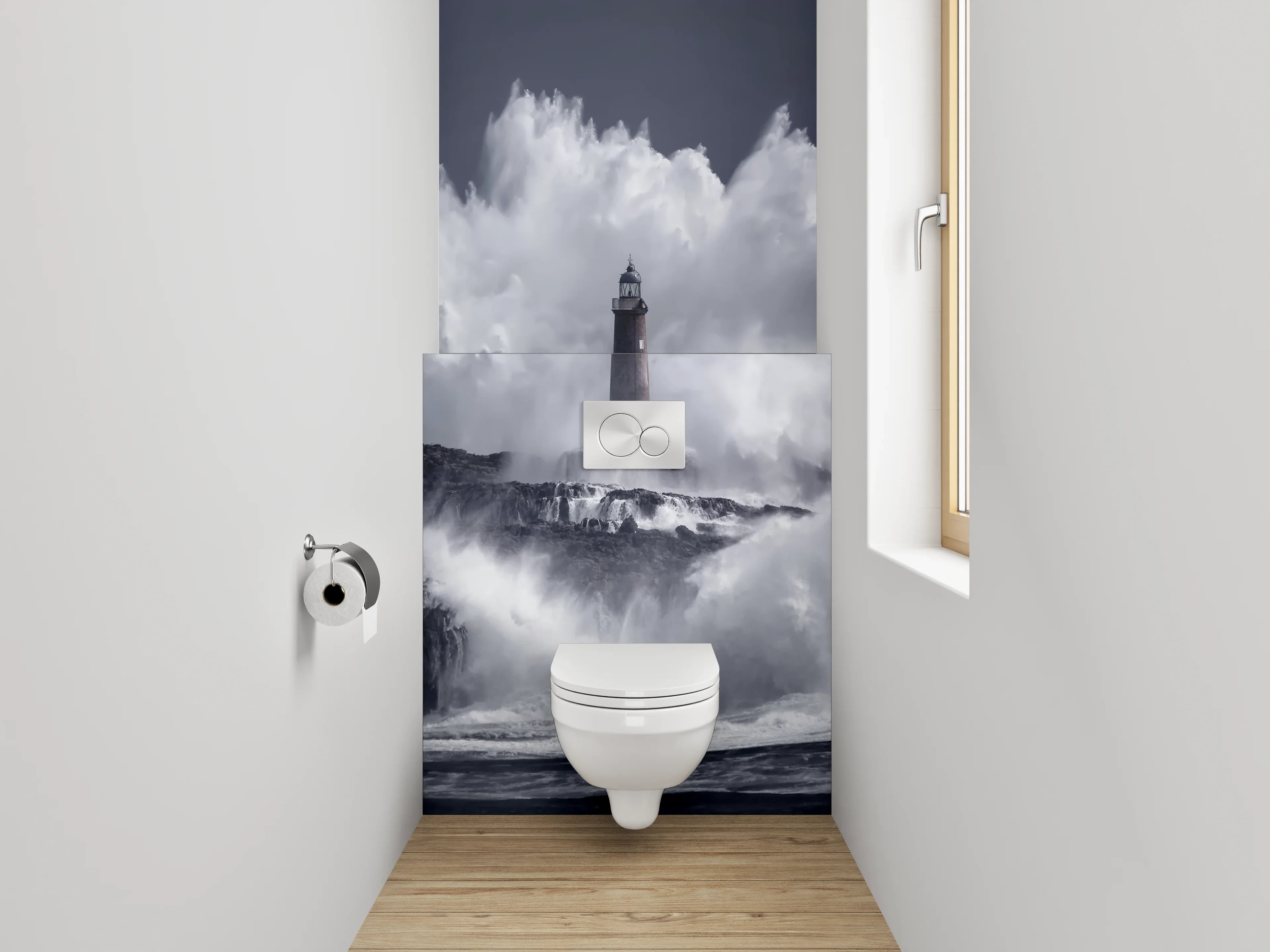 WC-Rückwand - Majestätischer Leuchtturm in Sturmfluten