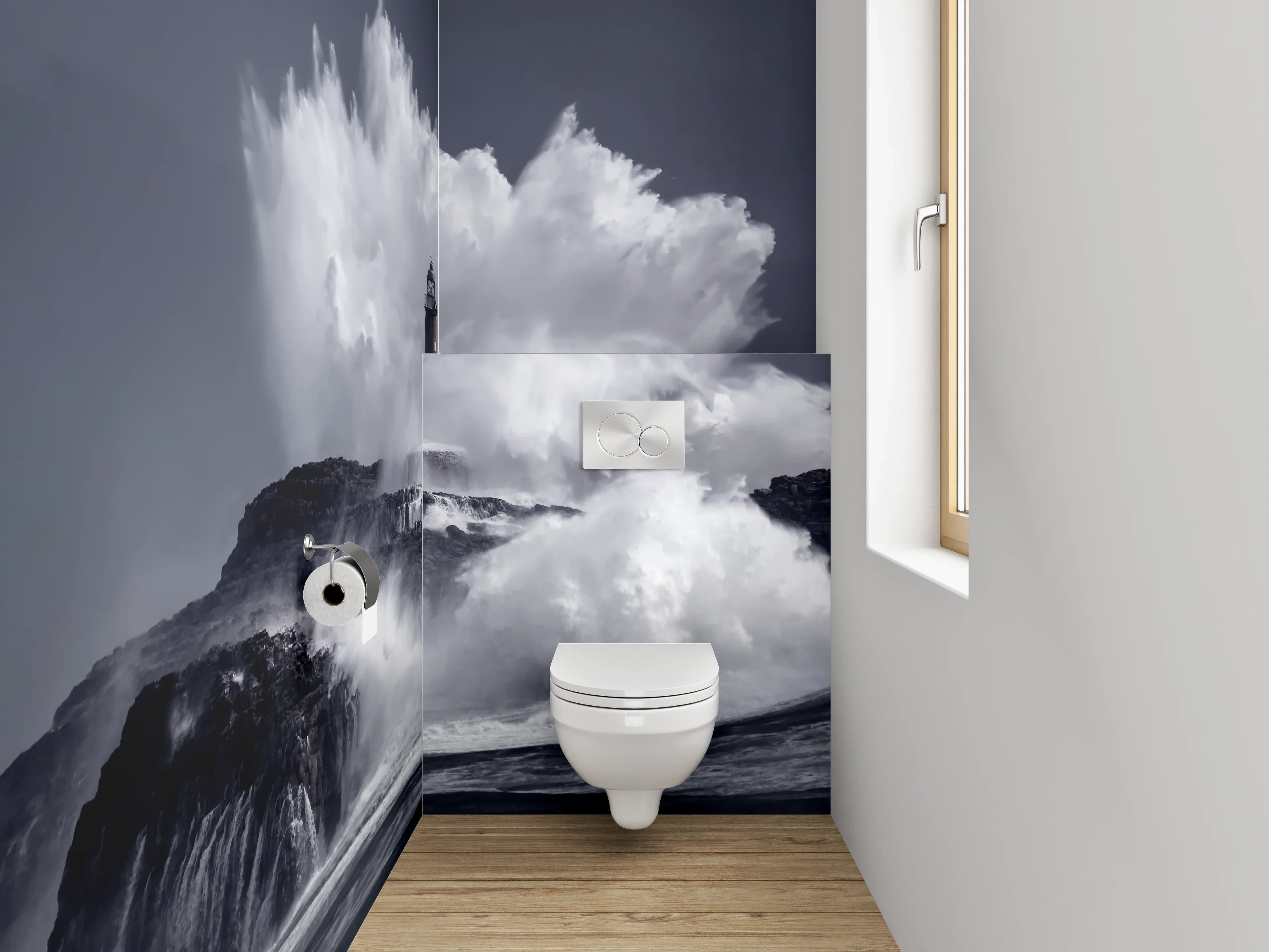 WC-Rückwand - Majestätischer Leuchtturm in Sturmfluten